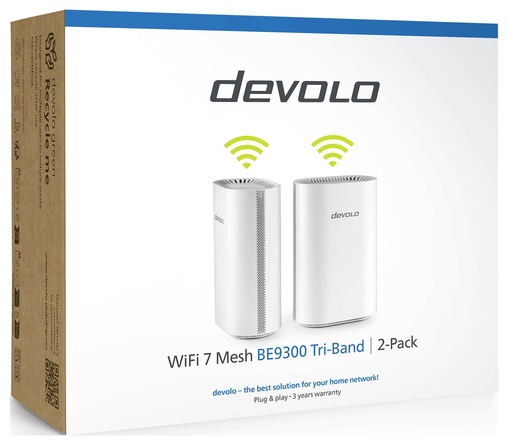 Låda innehållande ett 2-paket av devolo WiFi 7 Mesh BE9300 Tri-Band, som marknadsför förbättrad anslutning för hemmanätverk med plug and play och 3 års garanti.