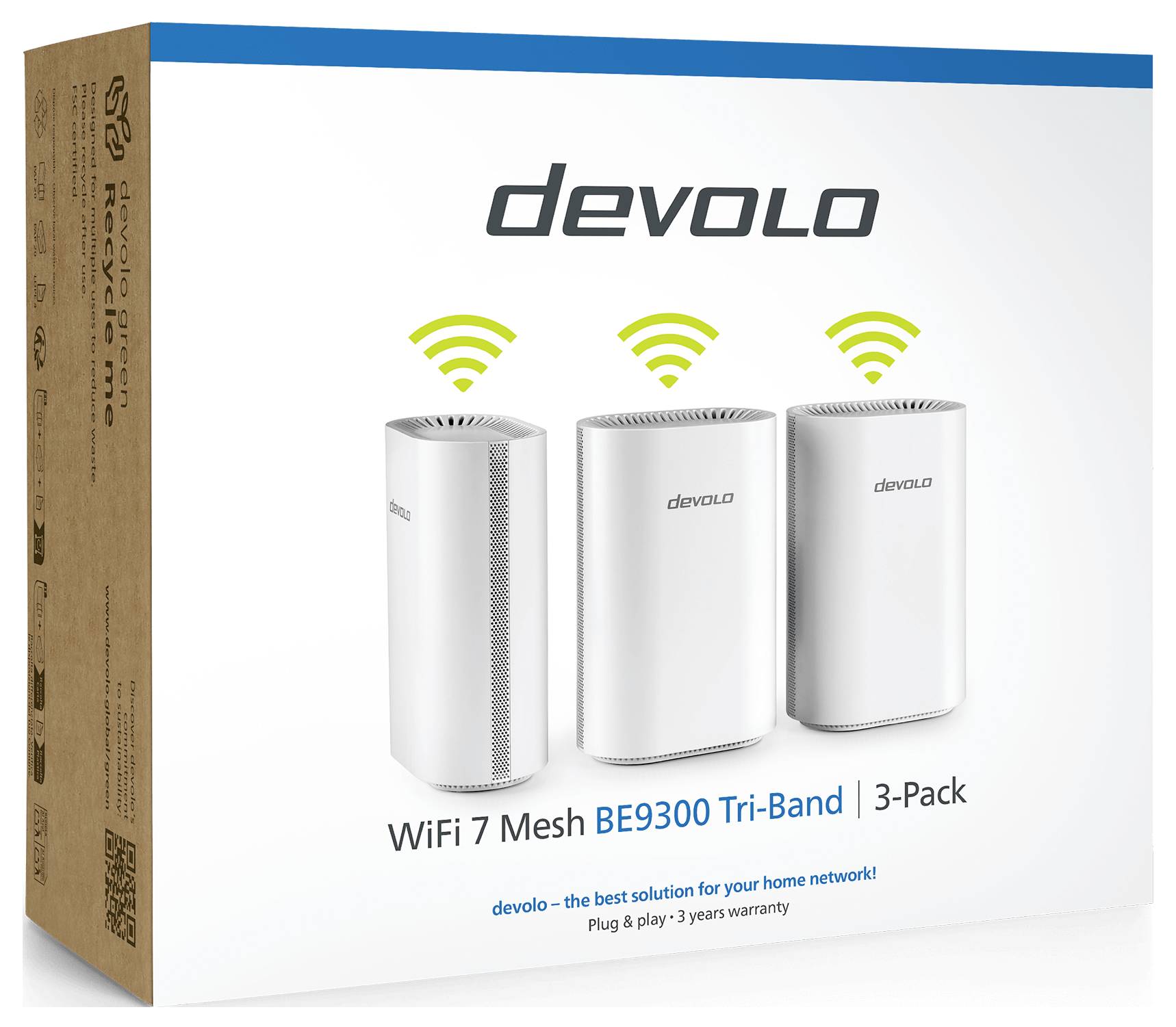 "devolo WiFi 7 Mesh BE9300 Tri-Band 3-pack"-låda, som visar tre mesh-enheter med WiFi-symboler. Främjar förbättring av hemmanätverket.