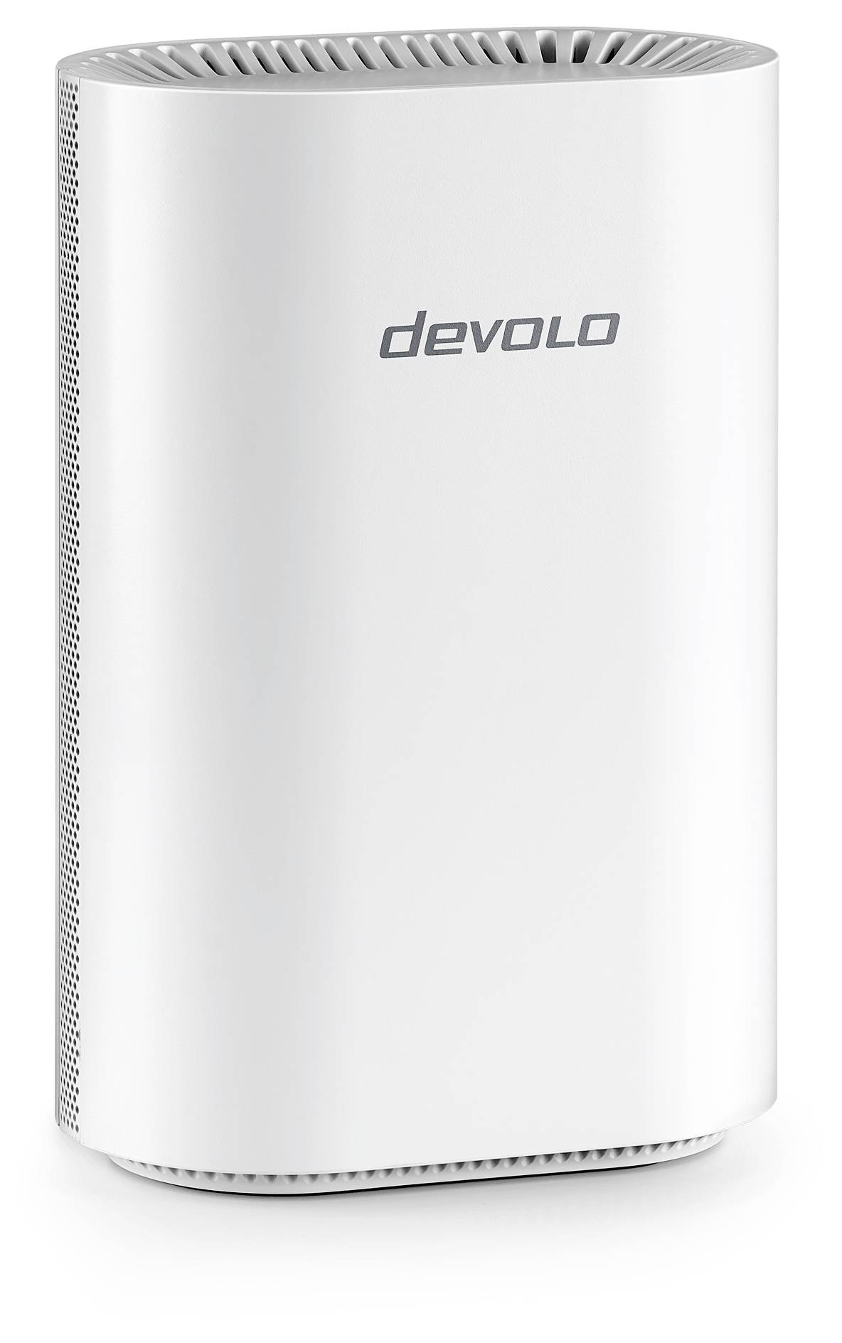 En vit, vertikal cylindrisk Wi-Fi-meshöverhet med logotypen "devolo" på framsidan, utrustad med ventilationsöppningar längs toppen och sidorna.