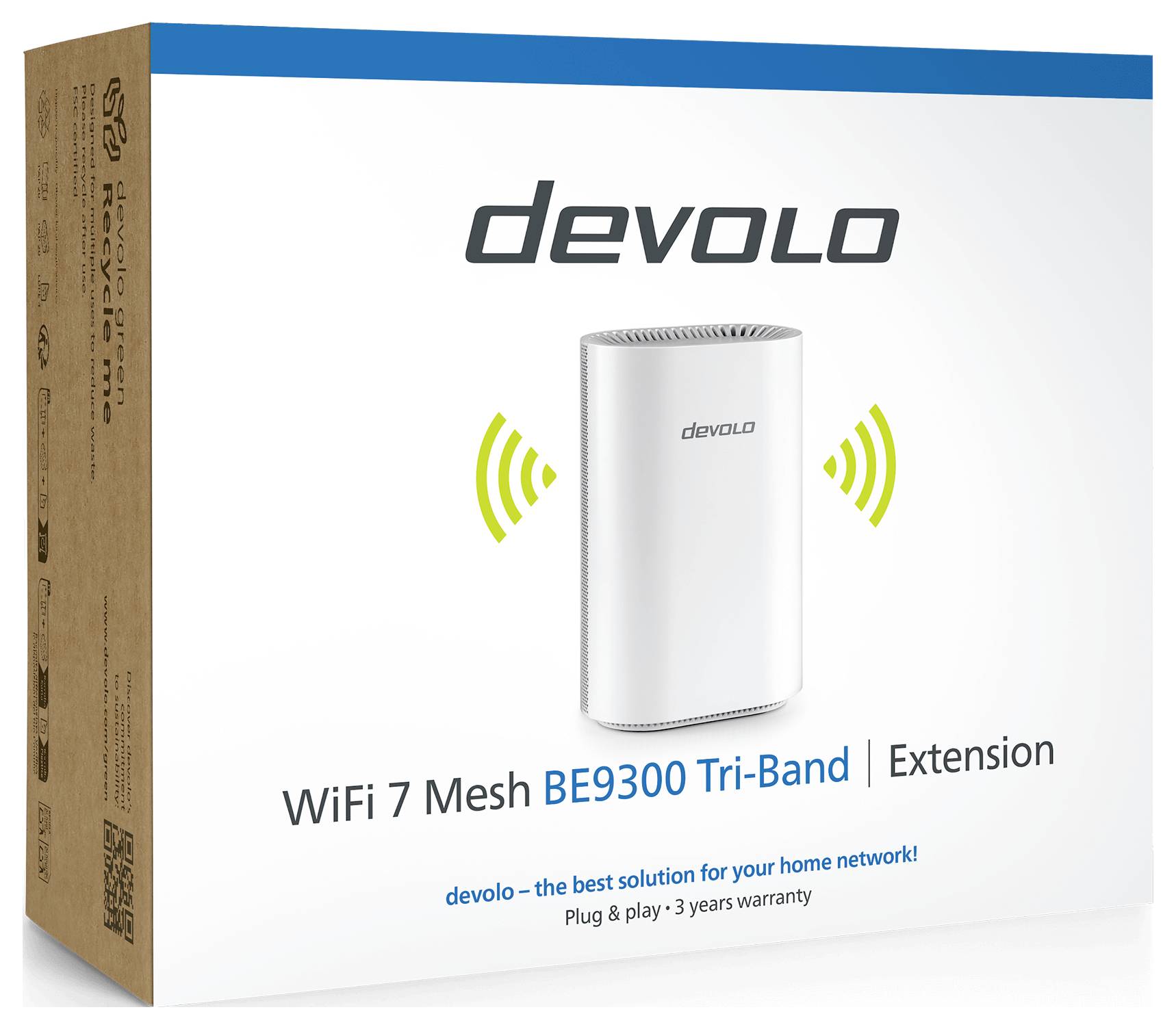WiFi 7 Mesh BE9300 Tri-Band förlängning från devolo, visas i detaljhandelsförpackning, främjar hemmaförbättring av nätverk och enkel installation.