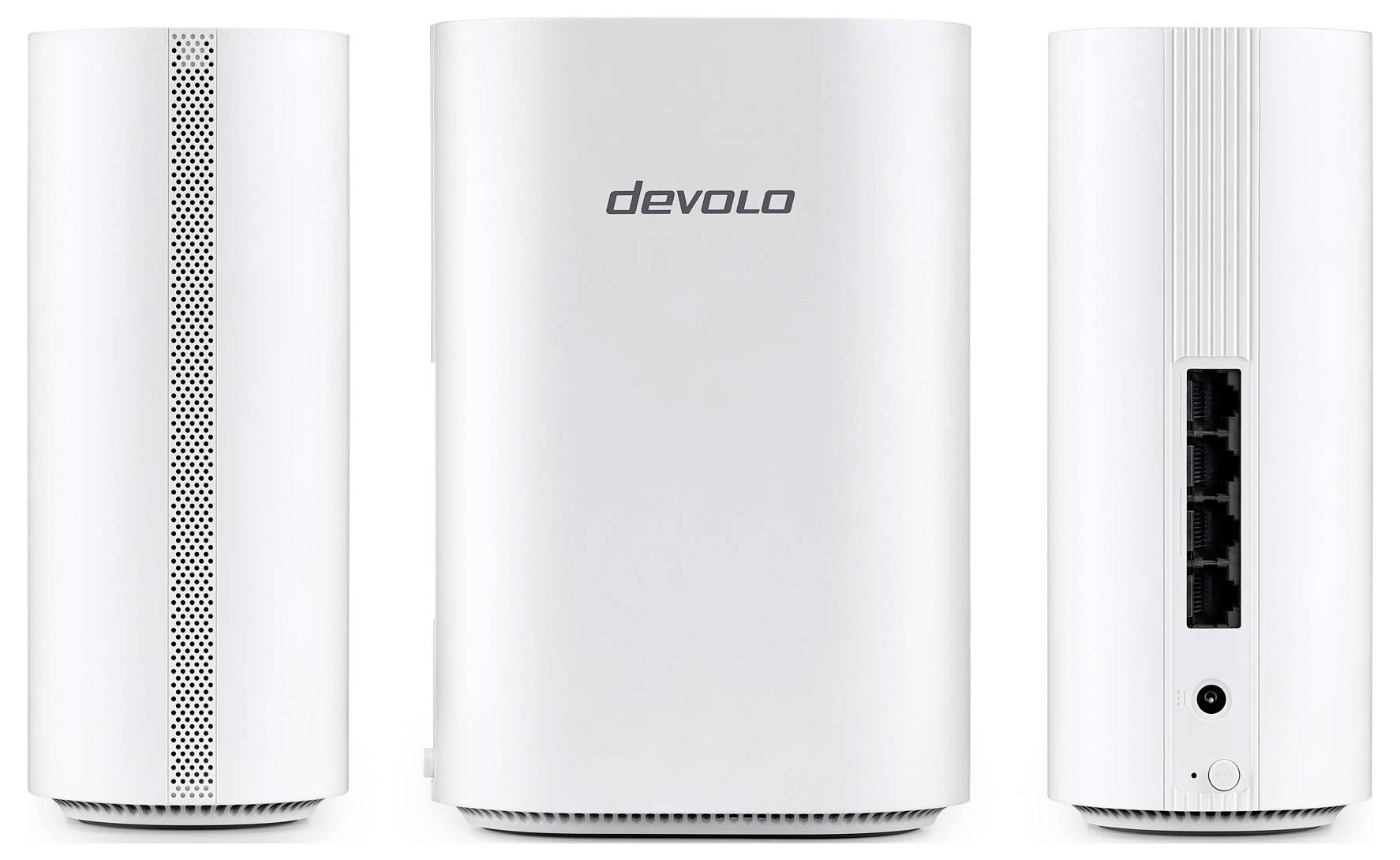 Tre vita nätverksenheter: framvy med "devolo"-logotyp, sidovy som visar ventilationshål och bakvy med strömkontakt och fyra Ethernet-portar.