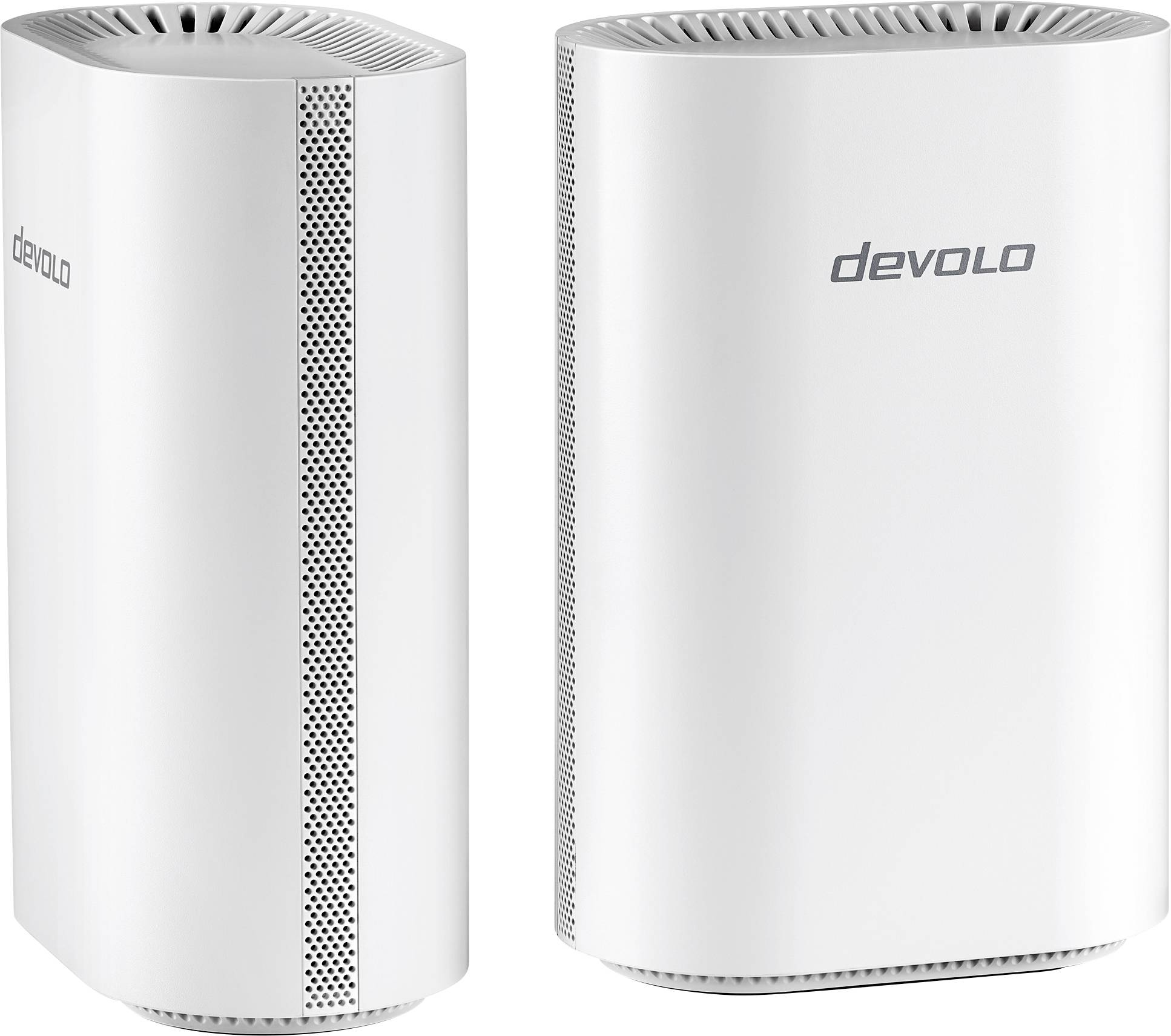 Två vita Devolo WiFi mesh-enheter med ventilerade sidor, designade för att förbättra hemma internetkapsling.
