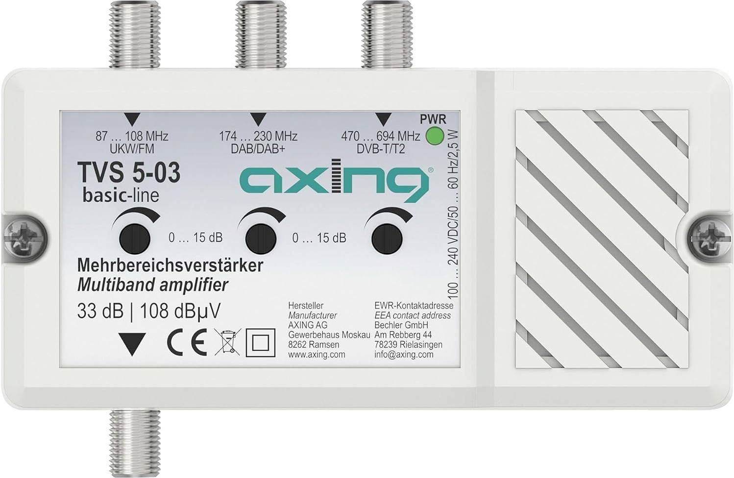En vit låda märkt "axing opti-box SAT-Koaxialkabel" med produktdetaljer och specifikationer. Lämplig för hantering, skydd och lagring av kablar.