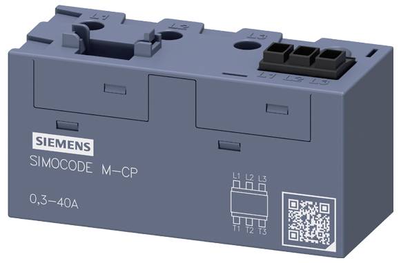 'SIMOCODE M-CP från Siemens, strömintervall 0,3-40A, blå modul med märkta terminaler L1, L2, L3; QR-kod på frontpanelen.'
