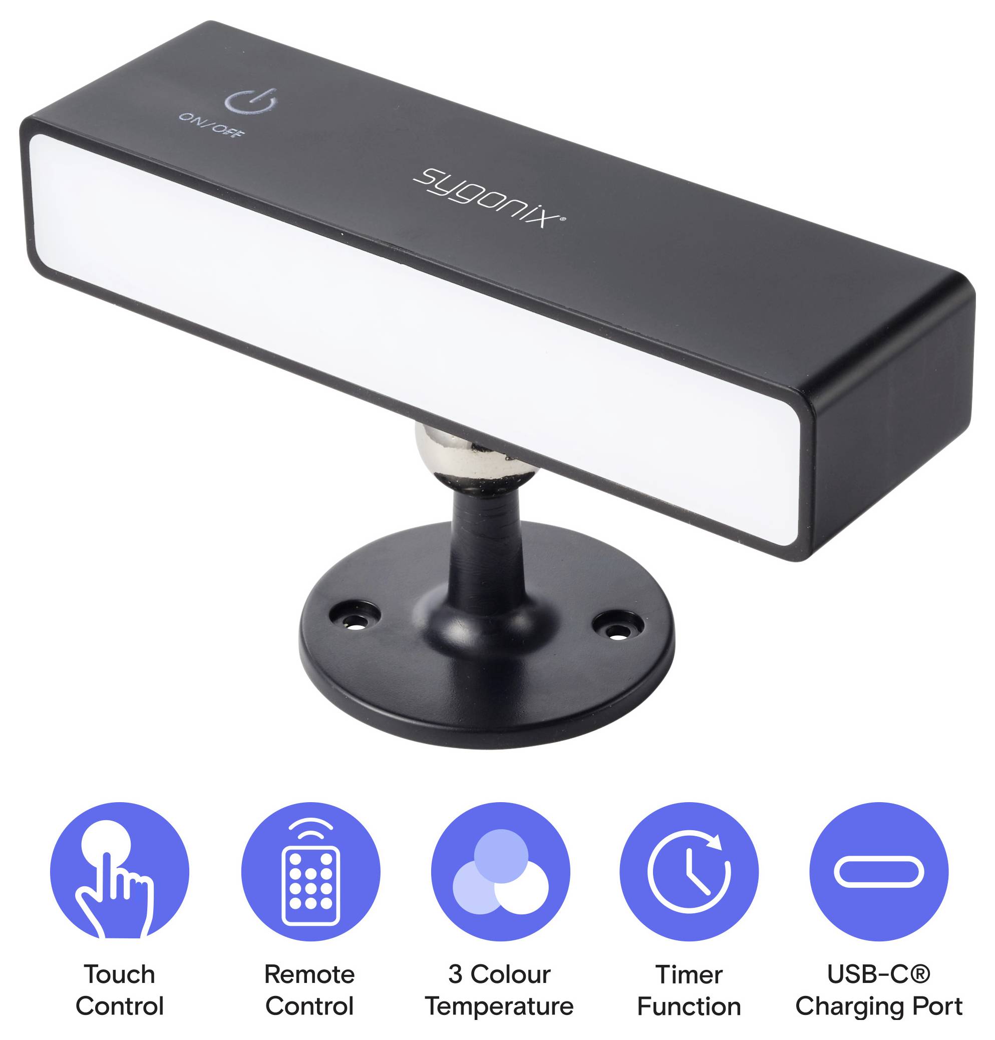 Svart rektangulär smart light bar på ett runt stativ, visad med ikoner för pekskärmkontroll, fjärrkontroll, 3 färgtemperaturer, timer och USB-C strömport.