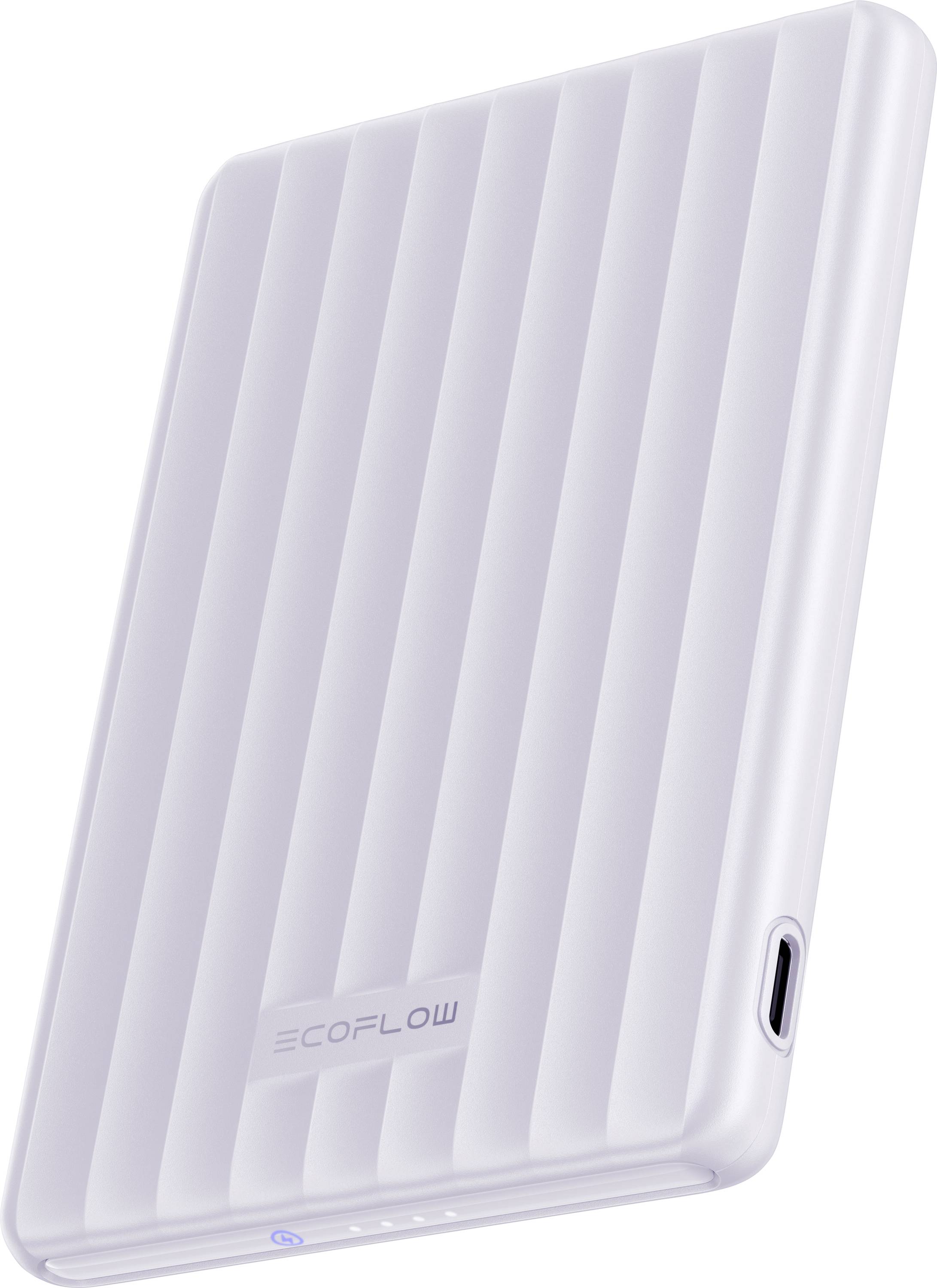 En vit, rektangulär bärbar strömbank med horisontella spår och en USB-C-port på sidan. 'EcoFlow' är skrivet på framsidan.