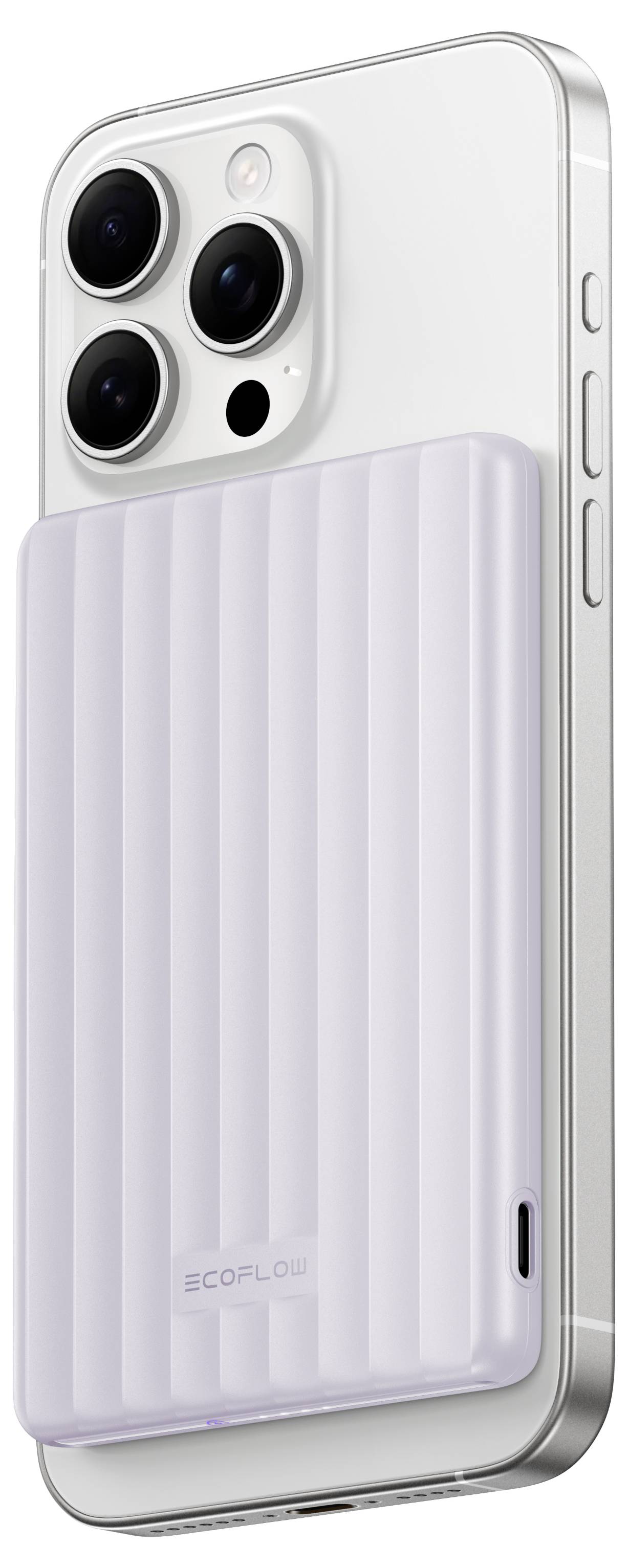 En vit smartphone med ett avtagbart, ribbat skal med en USB-port från märket "EcoFlow" är avbildad.