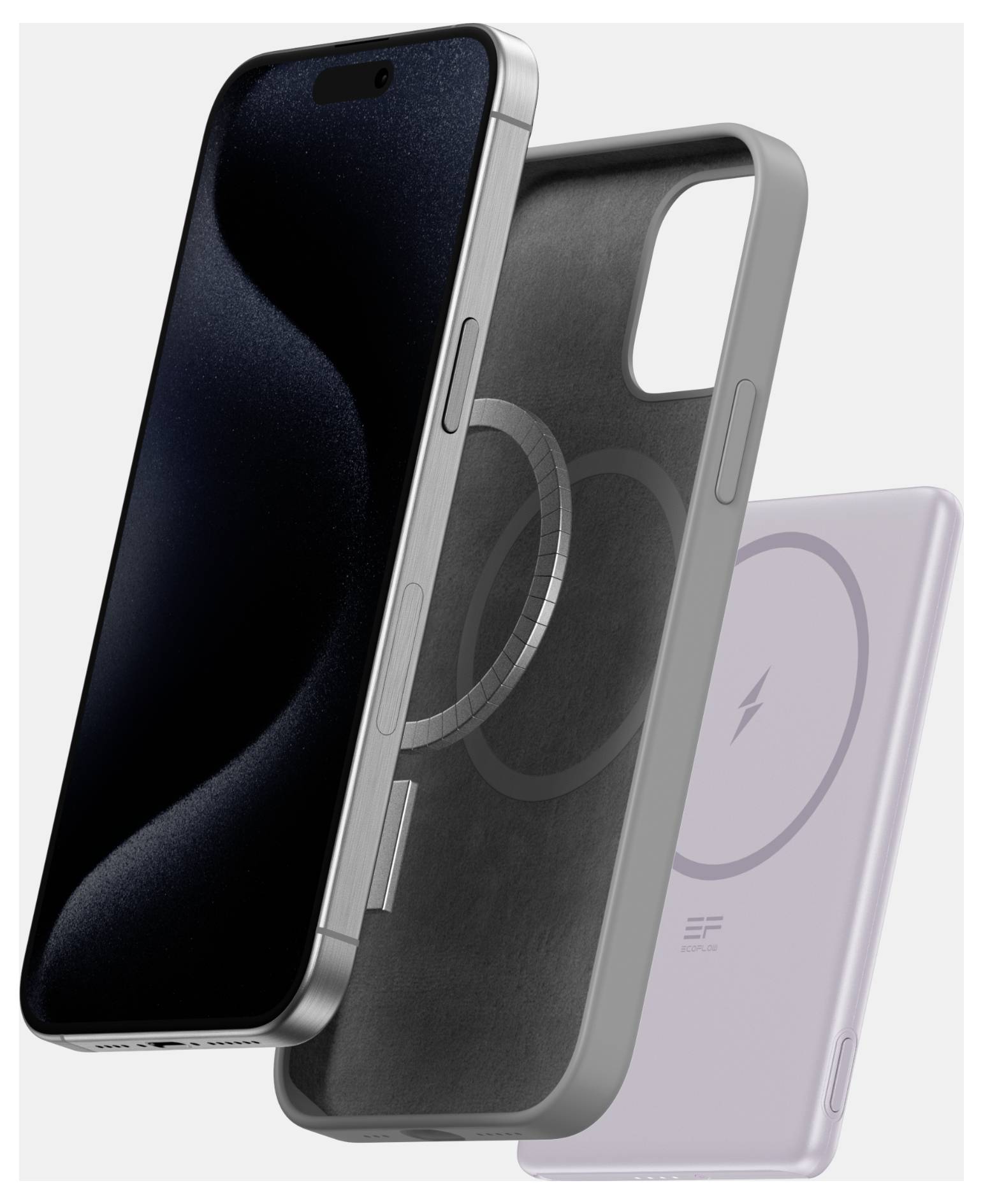 Två metalliska smartphones med mörka skärmar, positionerade för att visa deras slankt design, tillsammans med ett elegant telefonöverdrags och en trådlös laddningsplatta.