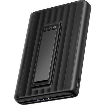 En slank, svart bärbar powerbank med en texturerad yta och LED-indikatorer på den nedre kanten, lämplig för att ladda enheter när man är i rörelse.