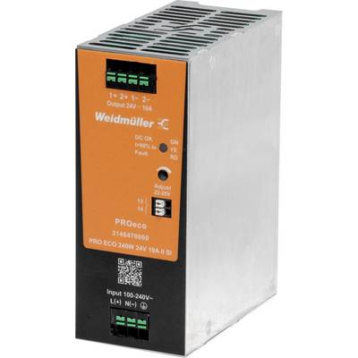 Industriell kraftförsörjningsmodul, orange och grå, märkt "Weidmüller PROeco", ger 24V, 10A. Ingångar 100-240V AC. LED-indikatorer på framsidan.