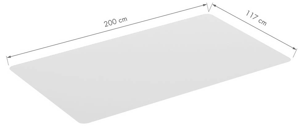 'Rektangulär plåt med dimensionerna 200 cm gånger 117 cm.'