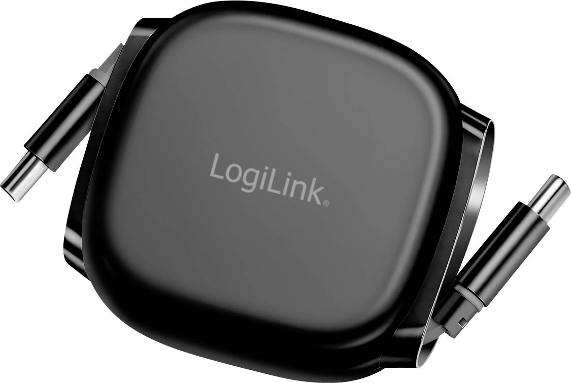 En kompakt, svart LogiLink USB-C-laddningshubb med två inkopplingsbara kablar placerade på båda sidor, lämplig för mobila enheter.