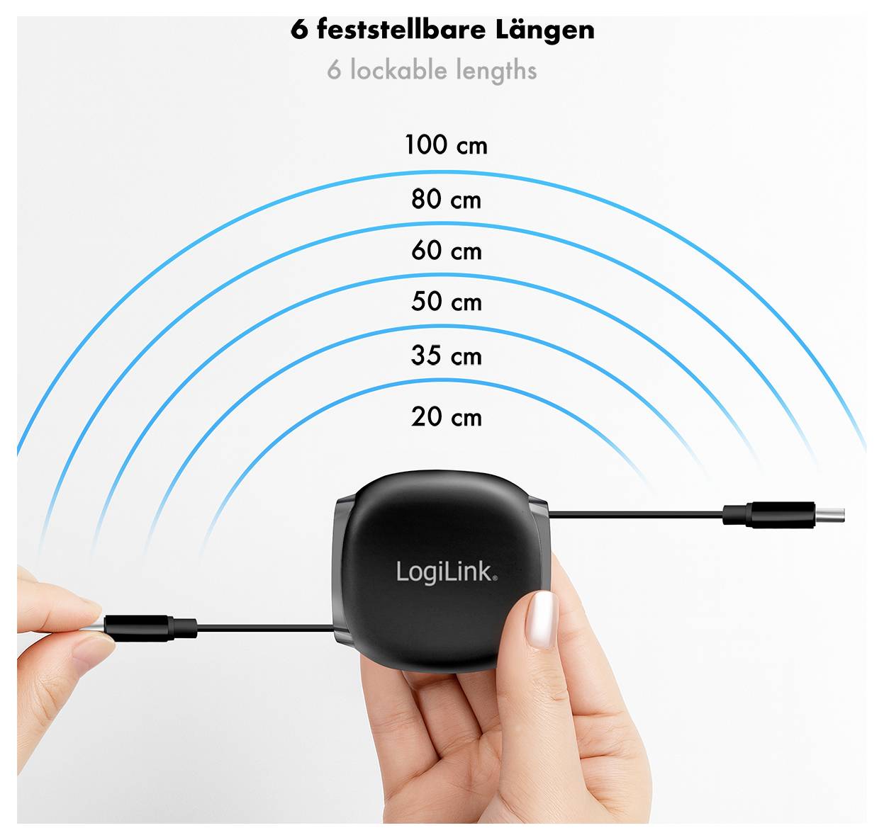 Händer som håller en utdragbar LogiLink-kabel med sex låsbara längder från 20 cm till 100 cm.