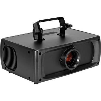 En svart multimediaprojector med en lins på framsidan, försedd med ett handtag på toppen. Designad för att visa bilder eller videor.