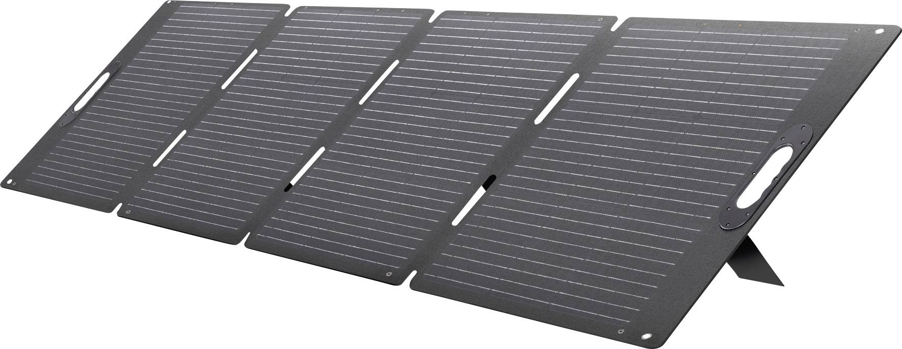 En bärbar, vikbar solpanel med fem mörka paneler kopplade i serie, utformad för utomhusbruk för att ladda batterier eller enheter.