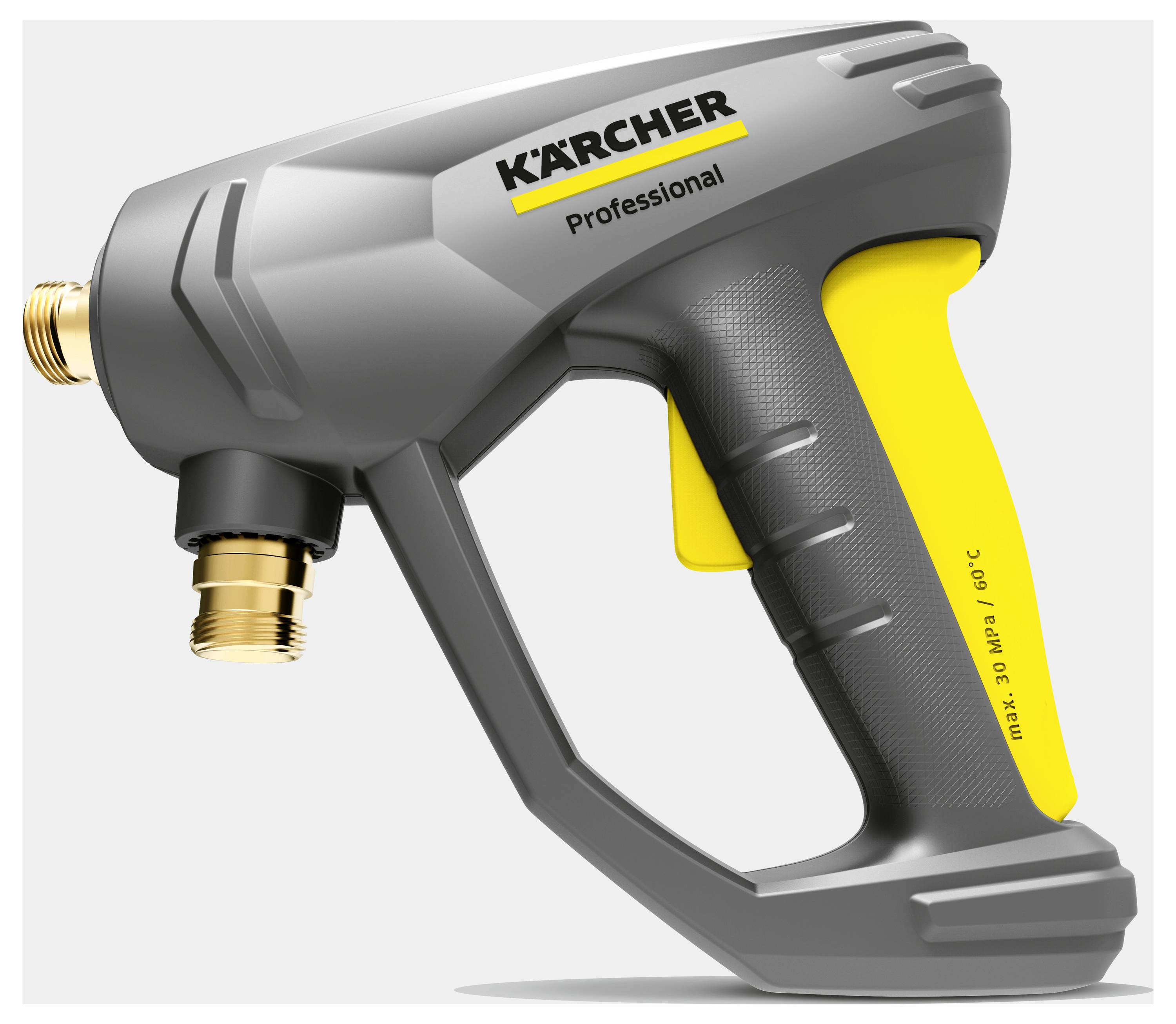 'Kärcher Professional' högtryckstvättpistol med grå kropp, gula detaljer, ergonomiskt grepp och mässingsanslutningar.