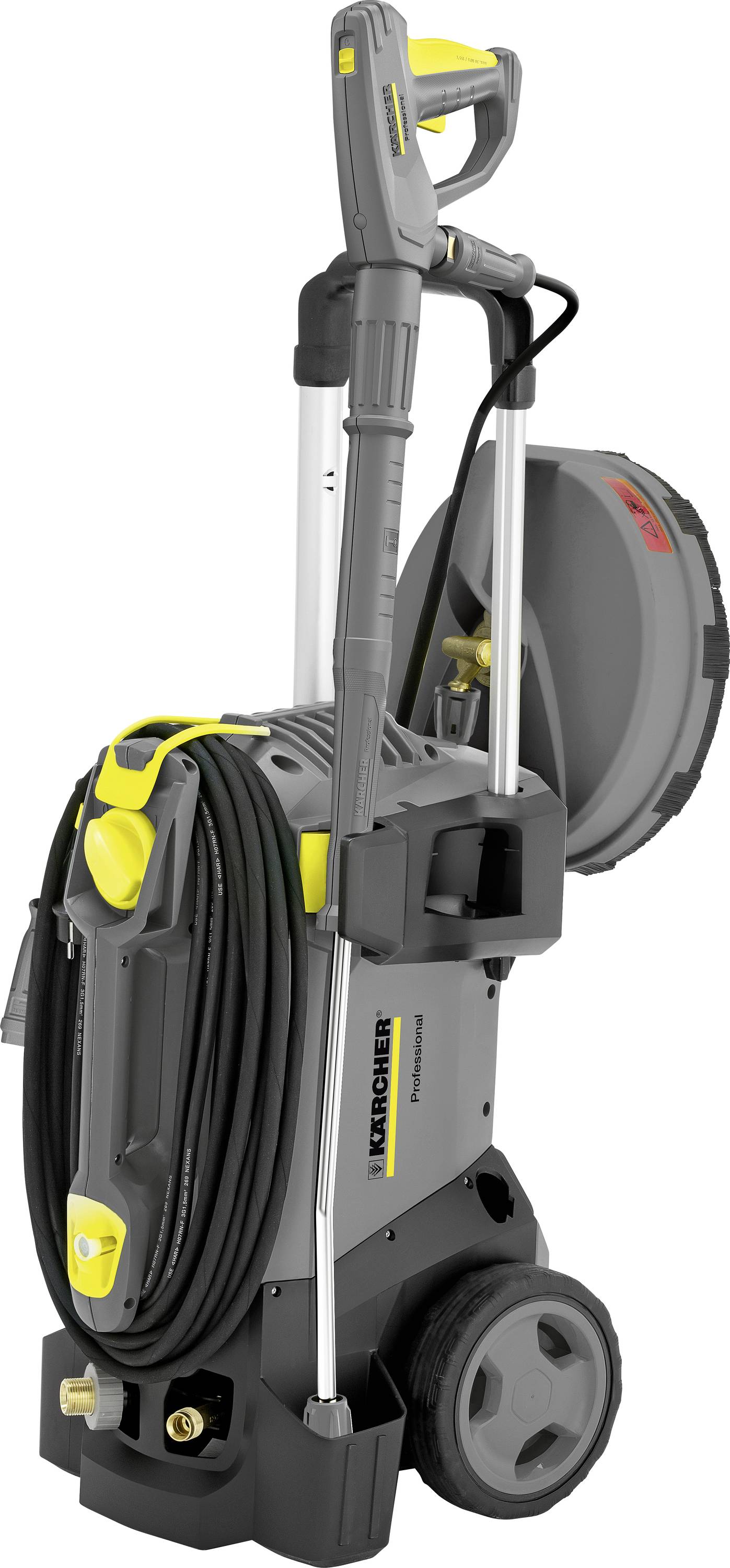 En portabel högtryckstvätt med kompakt design, utrustad med hjul, en gult och svart färgkombination och slangförvaring för enkel transport.