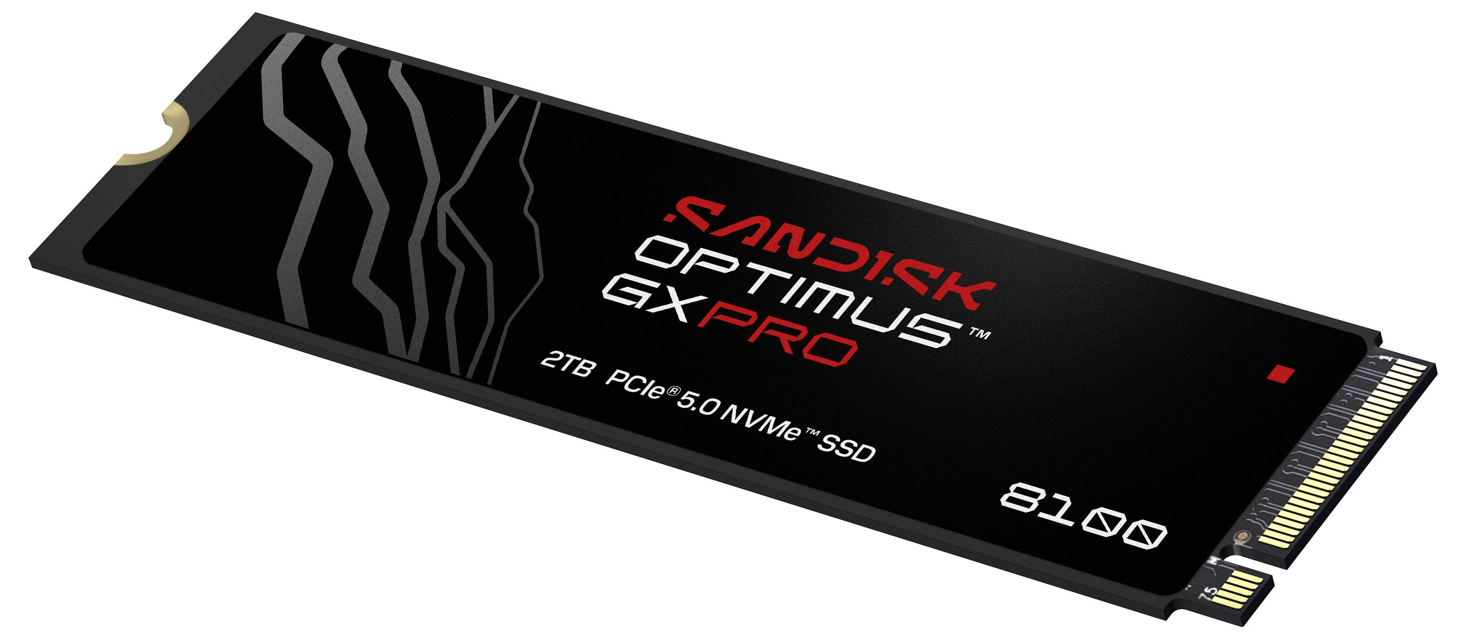 'SanDisk Optimus GX Pro 2TB PCIe 5.0 NVMe SSD' visar en solid-state-enhet med svart hölje och röd märkning.