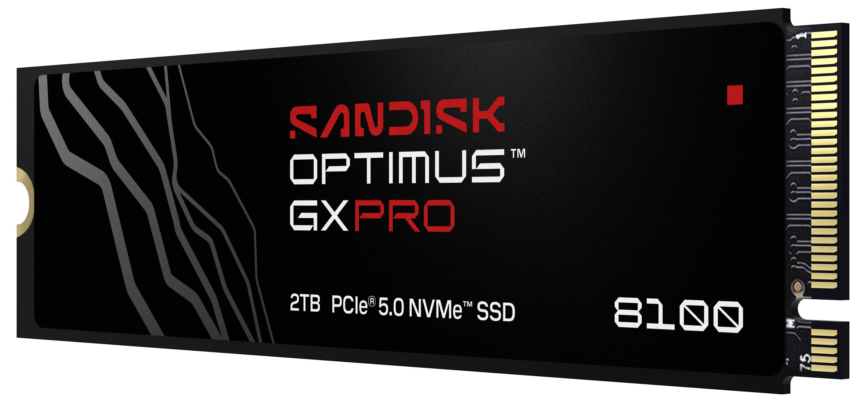 Solid-state drive märkt "SanDisk Optimus GX Pro 2TB PCIe 5.0 NVMe SSD 8100", med en mörk design med vit och röd text.