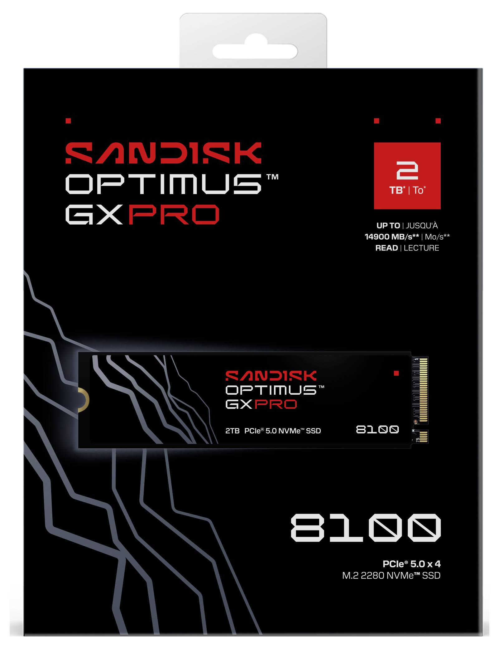 Paket med en SanDisk Optimus GX Pro SSD med 2TB kapacitet, som framhäver upp till 14500 MB/s läshastighet, PCIe 5.0 x4, M.2 2280-format.