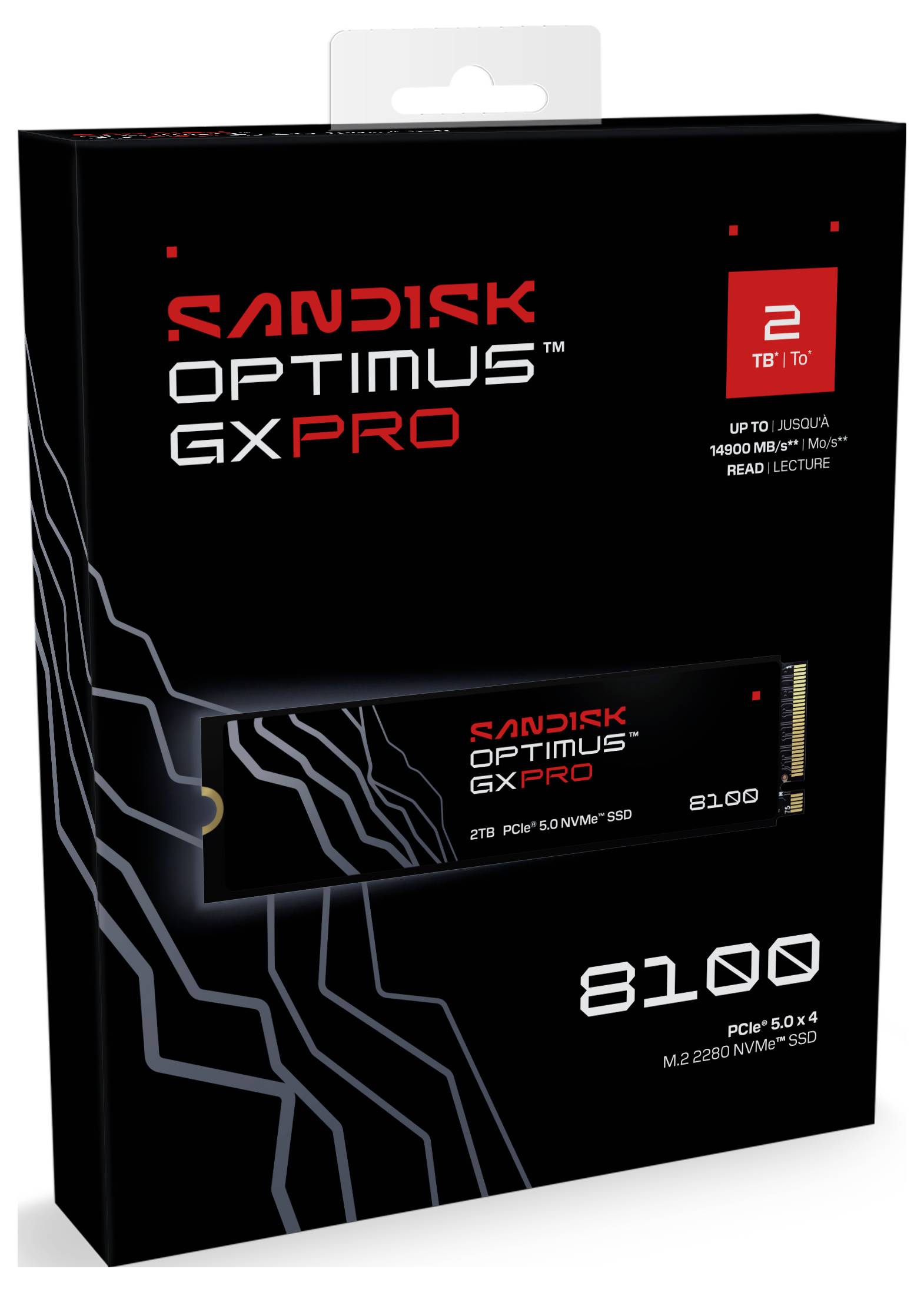 Förpackning för en "SanDisk Optimus GX Pro" 2TB SSD, med PCIe 5.0 x4, M.2 2280 NVMe-gränssnitt, med lässhastigheter på upp till 10000MB/s.