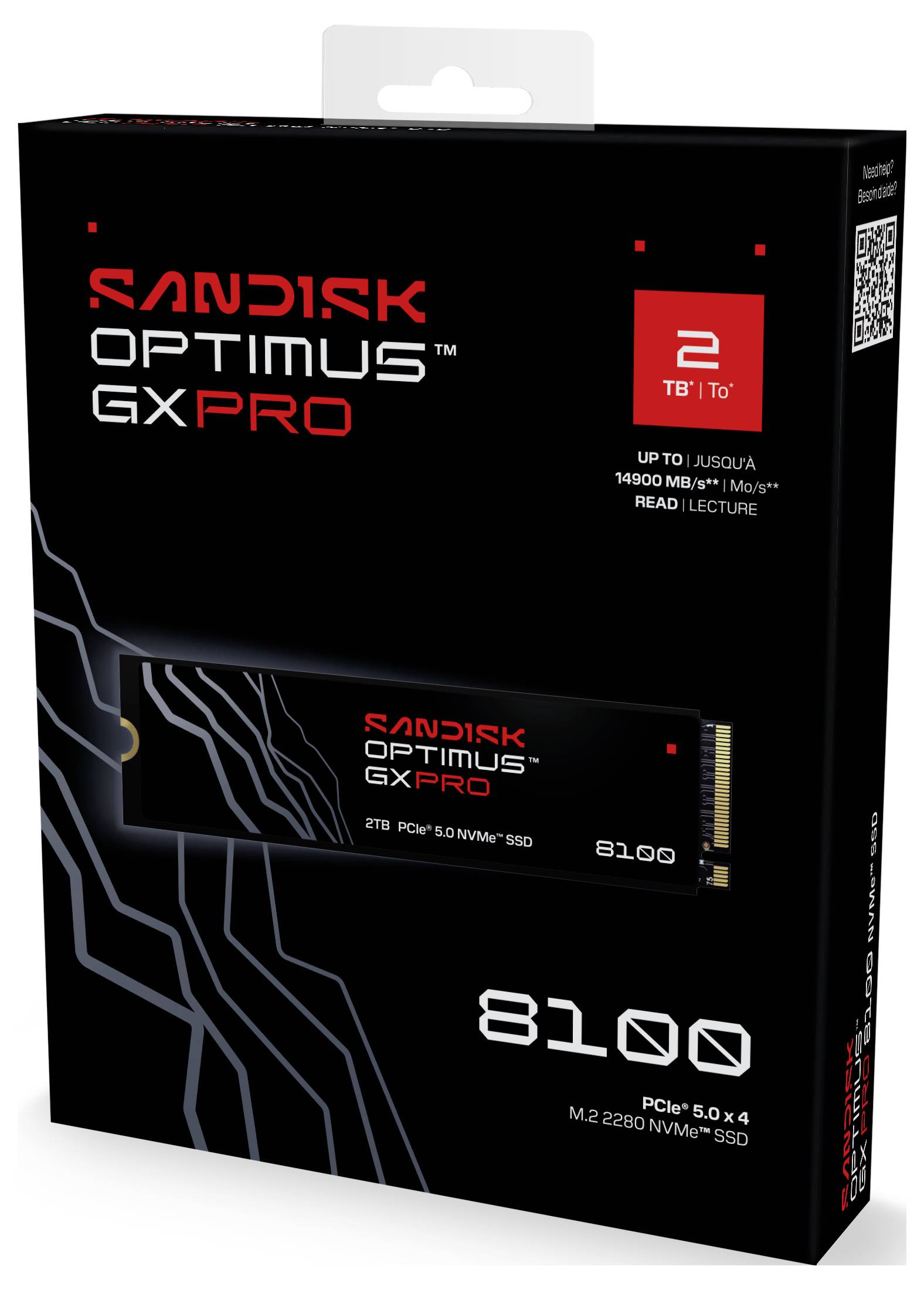 'Sandisk Optimus GX Pro 8100, 2TB PCIe 5.0 NVMe SSD-paket, framhäver lagringsstorlek, hastighet på upp till 14 000 MB/s och teknik.'