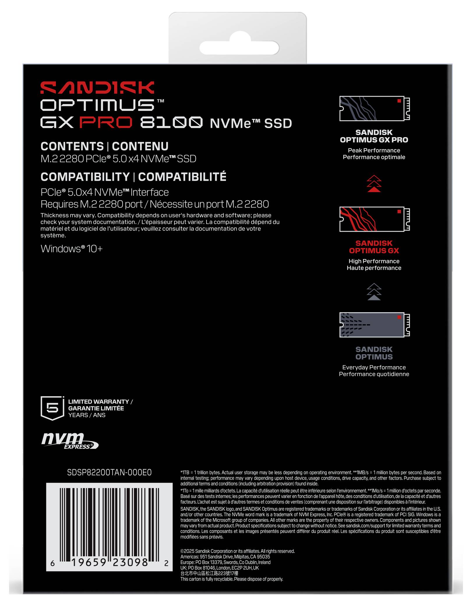 Bakvy av SanDisk Optimus GX Pro 8300 NVMe SSD-förpackning, som visar produktinformation, kompatibilitet, garantidetaljer och systemkrav.