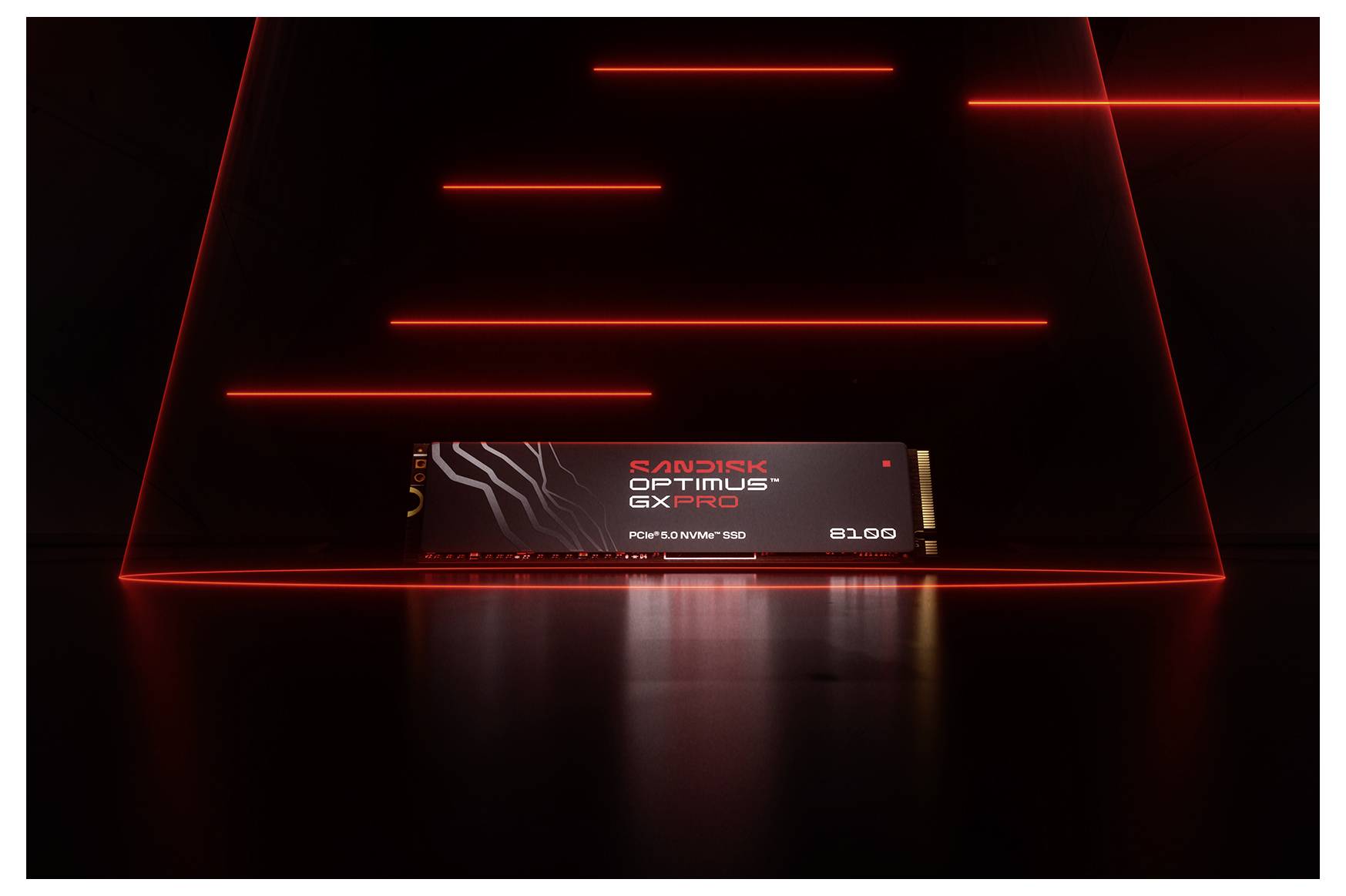 En stiliserad bild av en SanDisk Optimus QLC PCIe SSD med röda neonlinjer som framhäver produktens futuristiska och höghastighetsdesign.