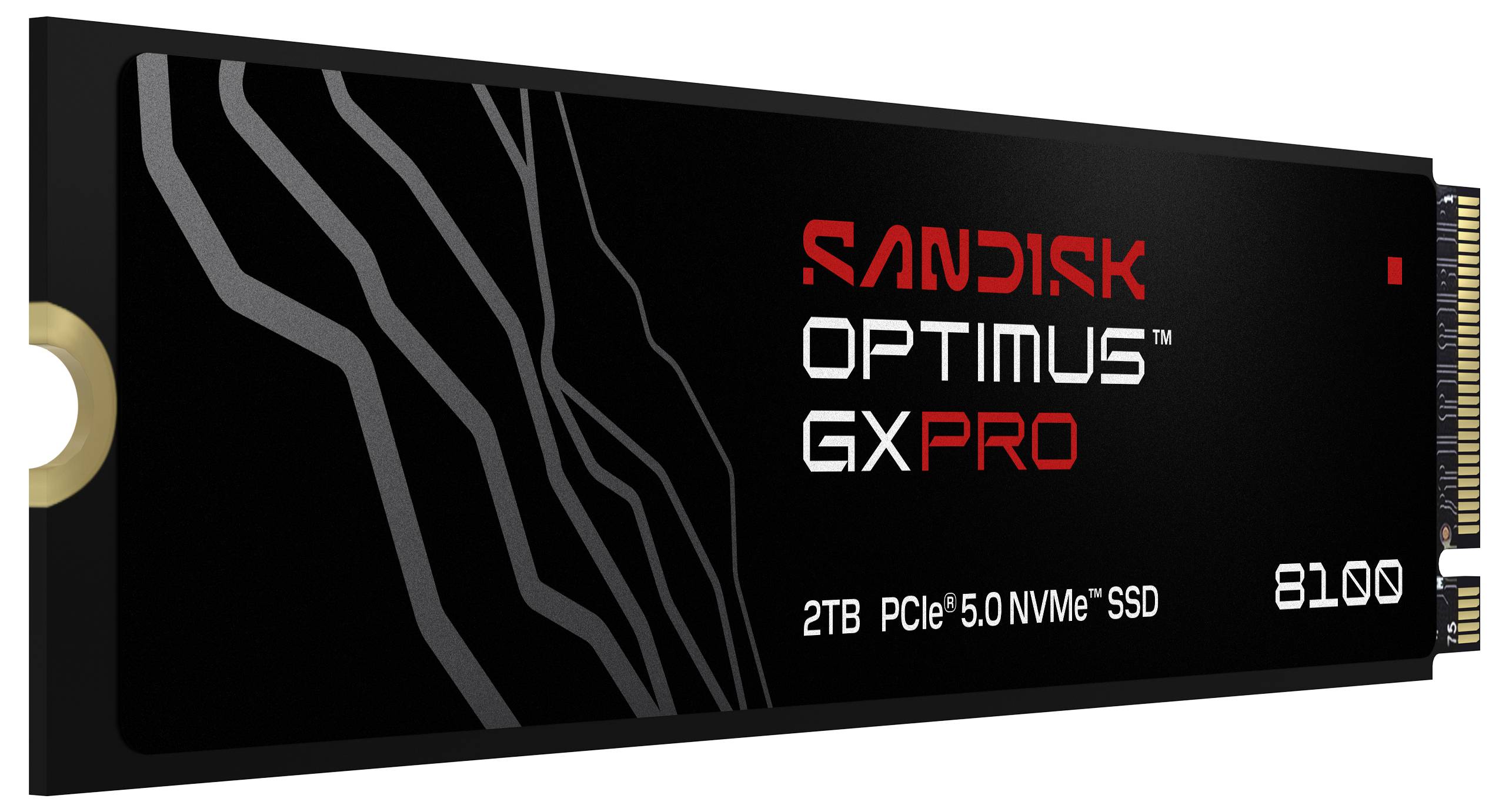 SANdisk Optimus GX Pro 2TB PCIe 5.0 NVMe SSD med ett svart yttre försett med abstrakta vita linjer på ytan.