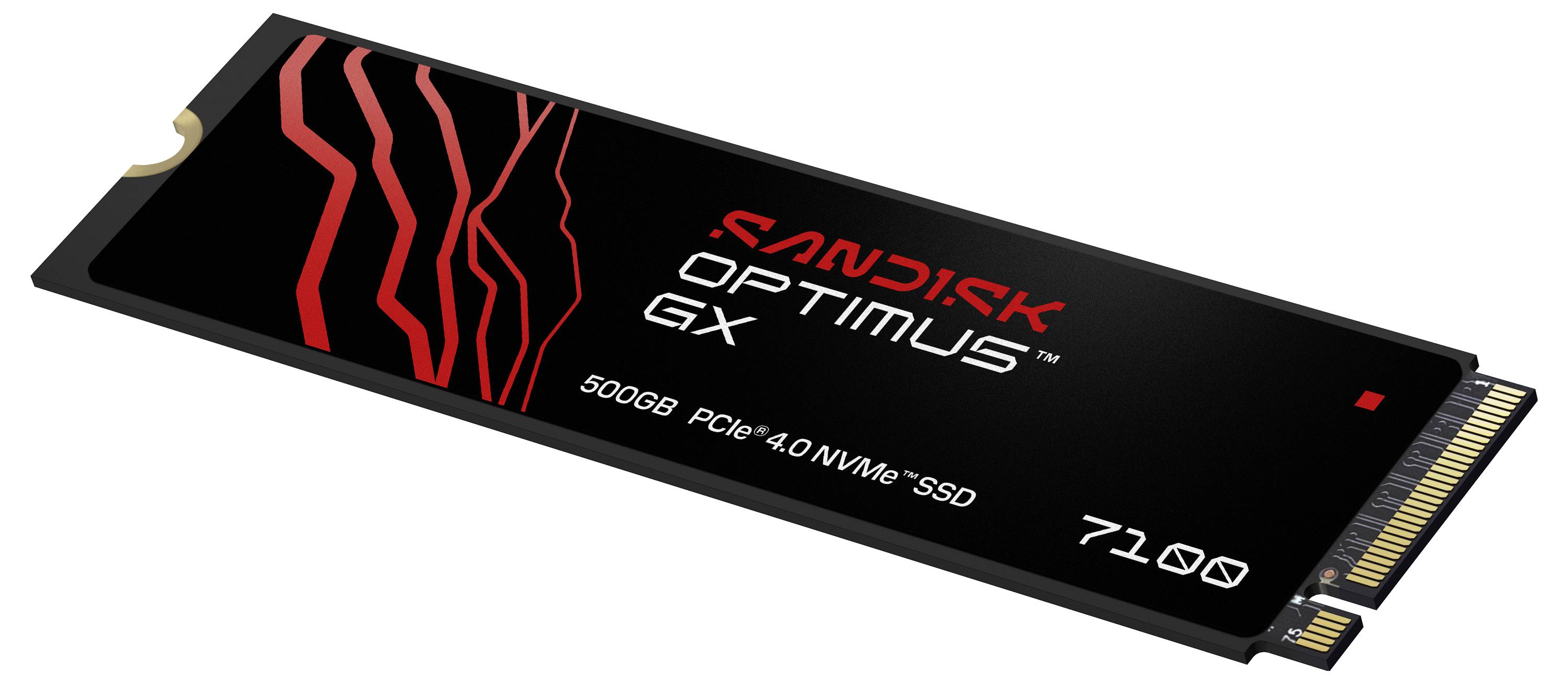 'SanDisk Optimus GX' 500GB PCIe 4.0 NVMe SSD i svart och rött, som framhäver lagringskapacitet och prestandafunktioner.