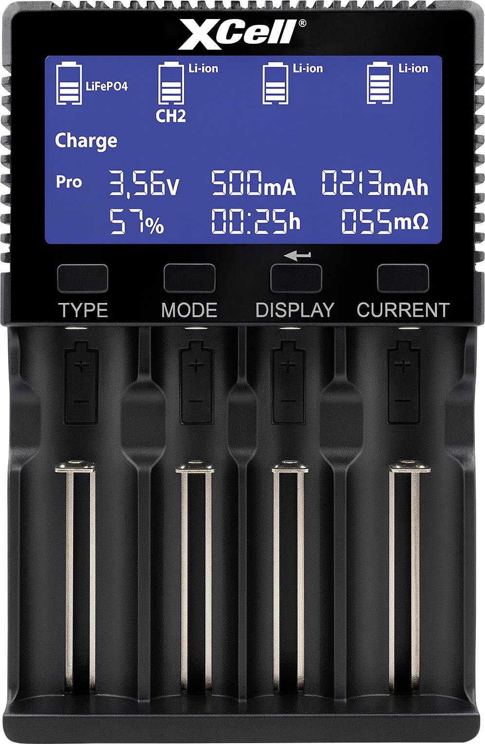 "XCell" batteriladdares skärm som visar laddningsdetaljer: 3,56V, 57% laddad, 500mA ström, 213mAh kapacitet, 25 minuter återstår, 55mΩ motstånd.
