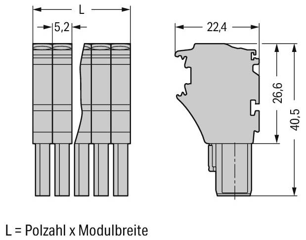 'Diagram av en elektrisk kontakt' med dimensioner: bredd 22,4 mm, höjd 26,6 mm, totalhöjd 40,5 mm. 'L = Stiftsantal x Modulbredd'.