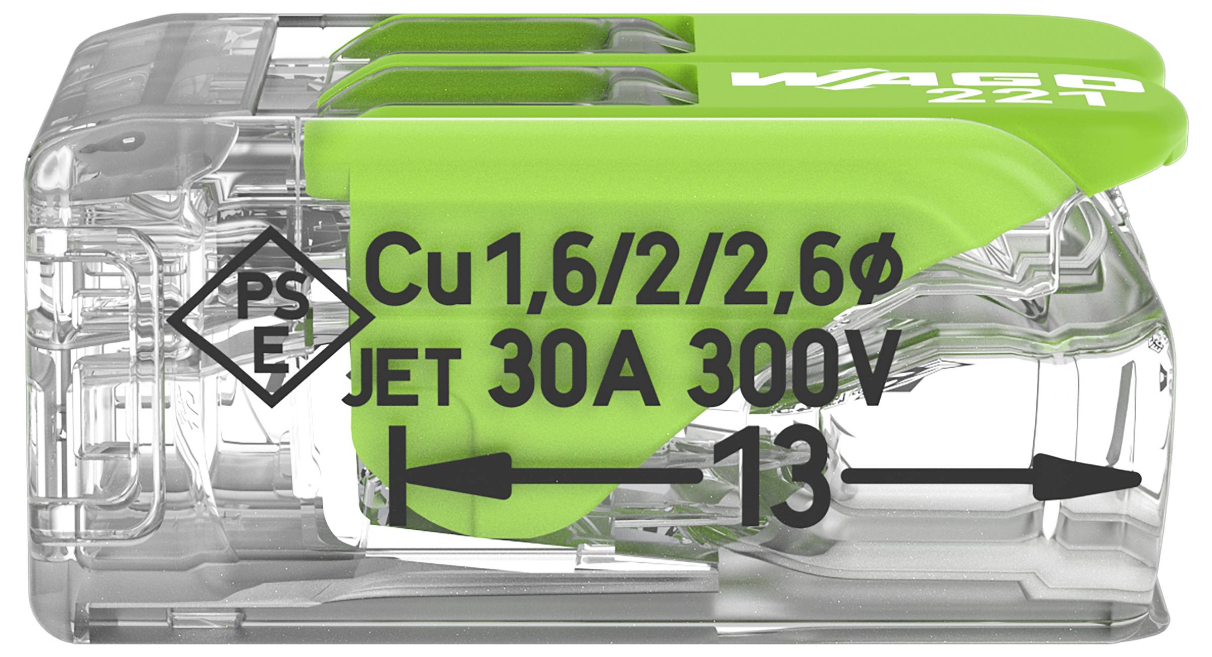 Klar trådkopplare WAGO 221, märkt "Cu 1,6/2/2,6Φ", "JET 30A 300V", lämplig för säkra elektriska anslutningar.