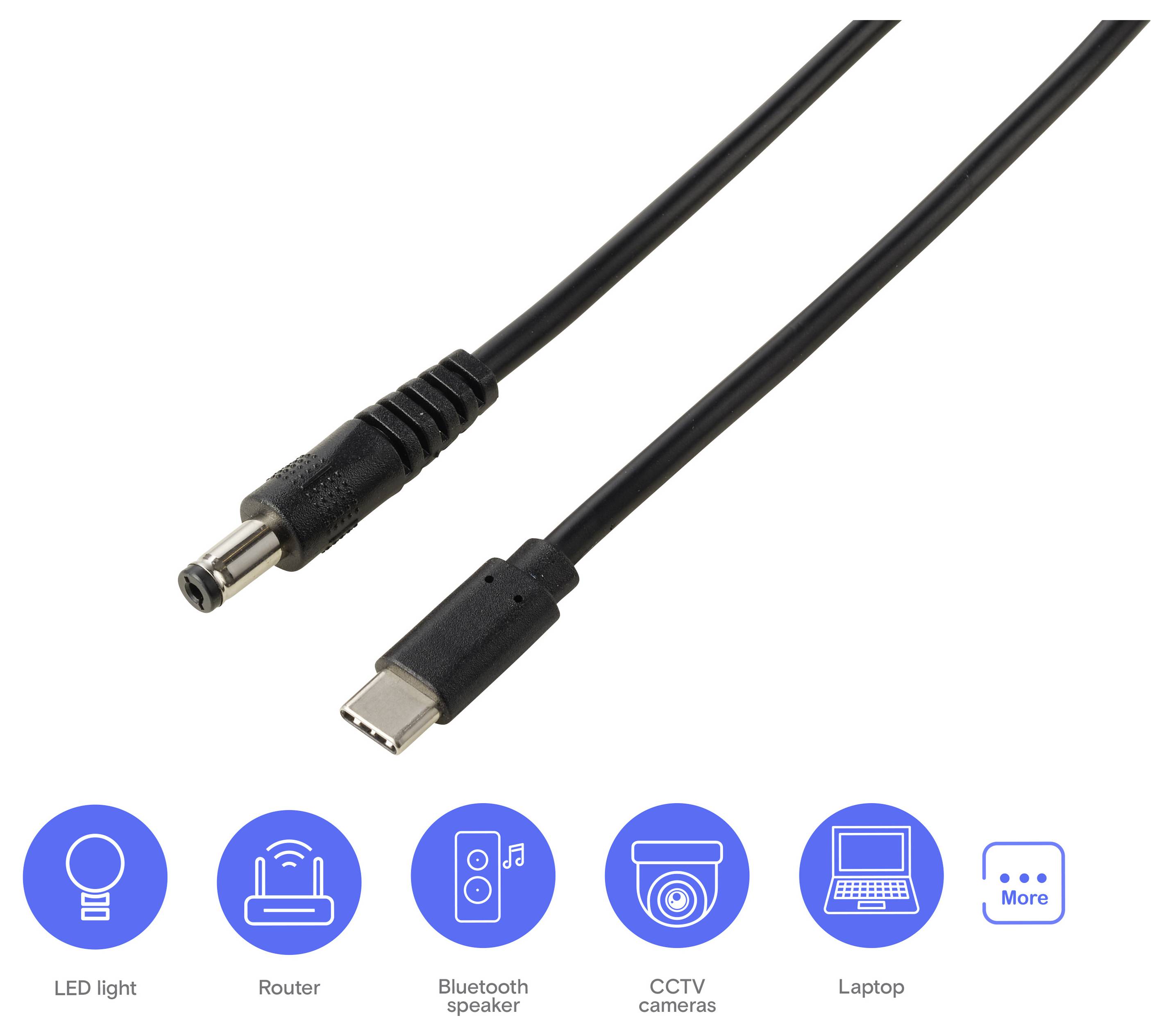Svart kabel med DC-fattstickkontakt och USB-C-kontakt, visad som kompatibel med LED-ljus, router, Bluetooth-högtalare, CCTV-kamera och bärbar dator.