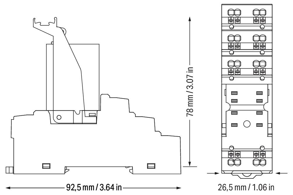 "Elrelä-schemadiagram" visar dimensioner: 92,5 mm (3,64 tum) längd, 26,5 mm (1,06 tum) bredd, 78 mm (3,07 tum) höjd.