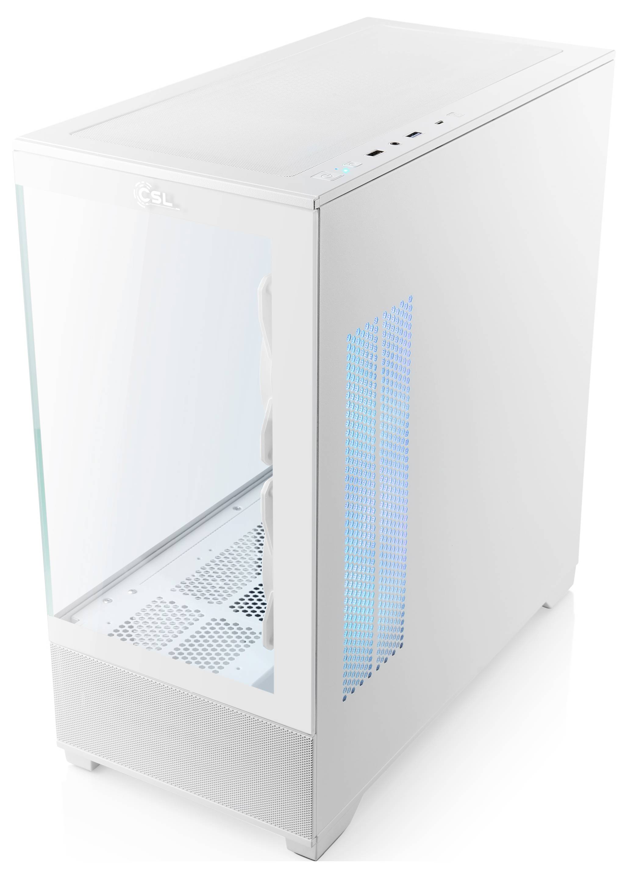 Ett elegant vitt datortorn med en transparent sidopanel som visar interna komponenter, med blå LED-accenter och portar på toppanelen.