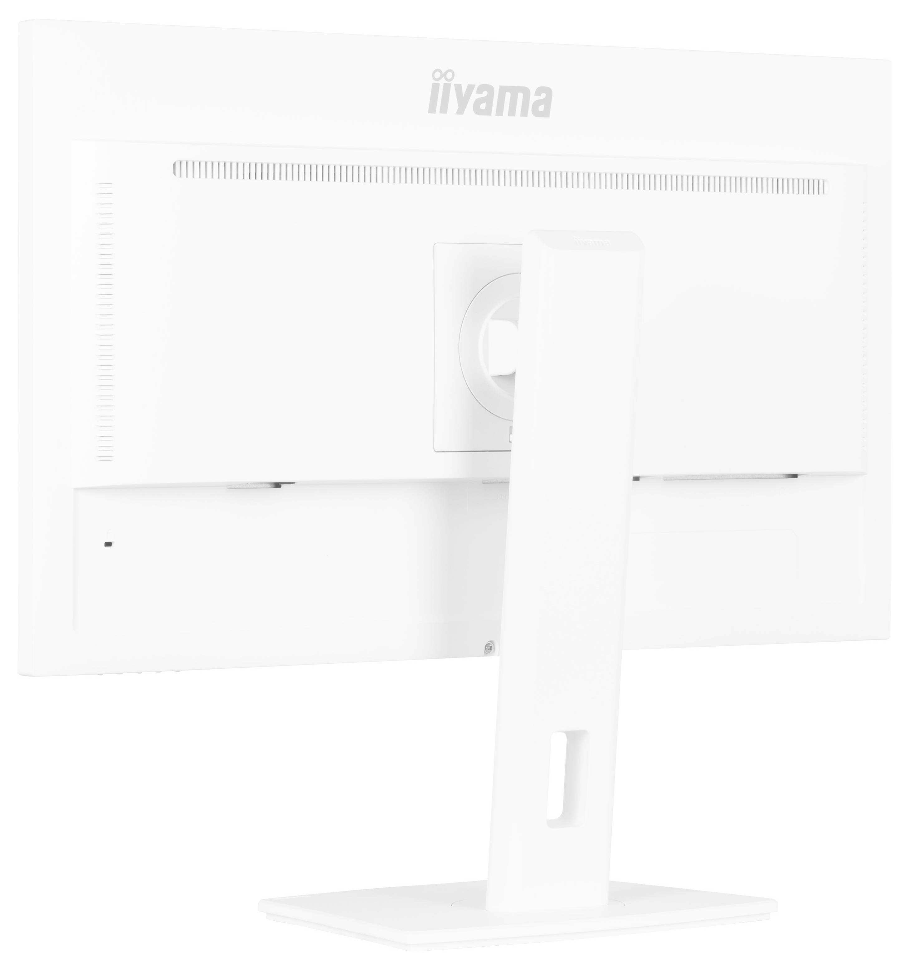 'Bakvy av en vit skärm med stativ, som visar bakpanelens design och ventilationsspår.'