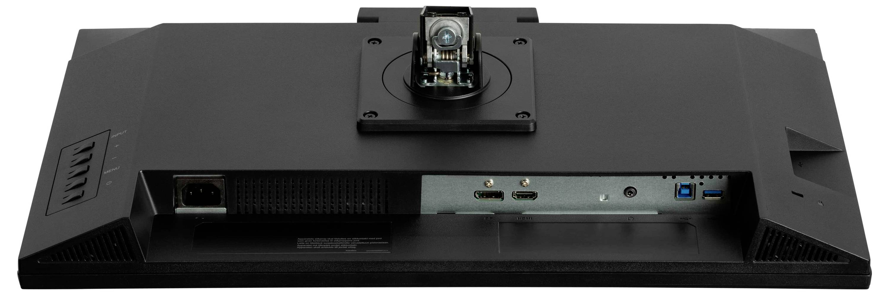 En bakvy av en svart elektronisk enhet som visar olika portar, inklusive ström, HDMI och USB-anslutningar, med en upphöjd centralkomponent.
