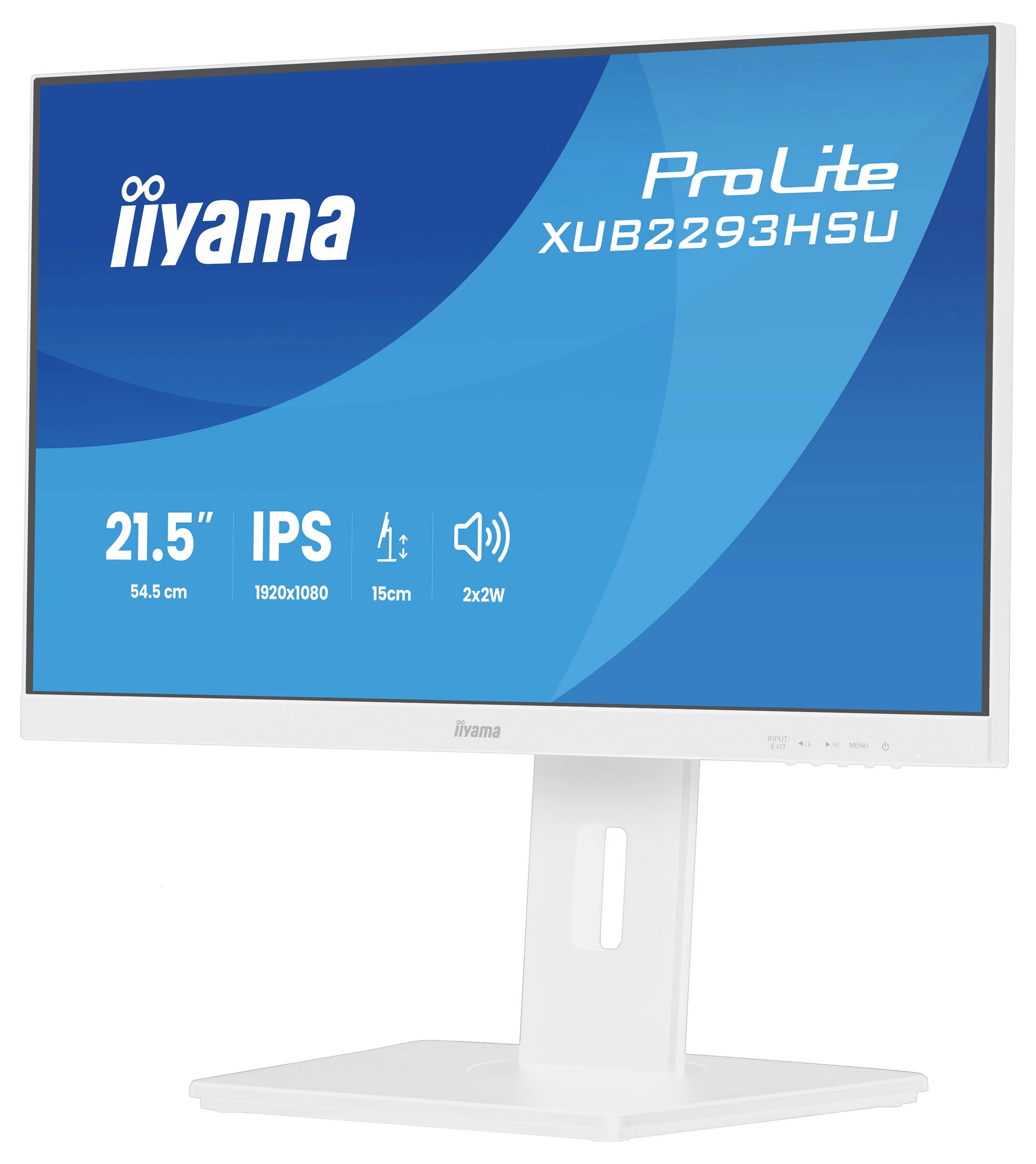 En datorskärm som visar märket "iiyama" och modellen "ProLite XUB2293HSU" på skärmen, med specifikationer: 21,5", IPS, 1920x1080.