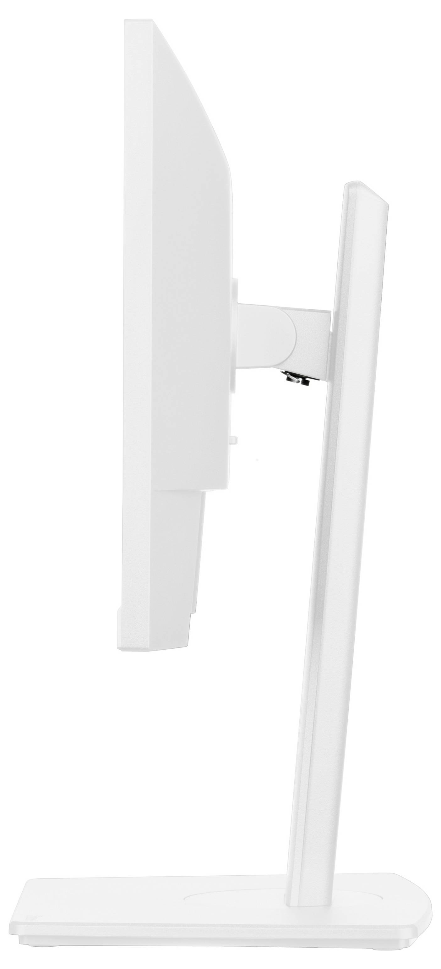 En vit platt dataskärm betraktad från sidan, som visar dess smala profil och justerbar ställning.