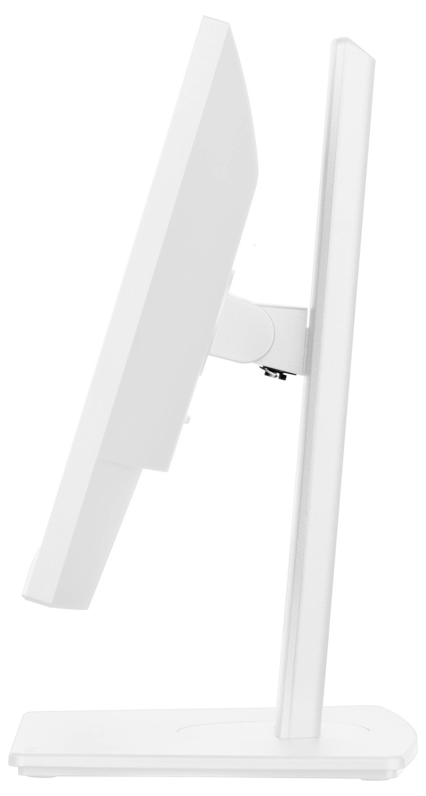 En sidovy av en smal, modern vit datorskärm med en rektangulär bas. Skärmen är lutad lite bakåt på sitt stativ.