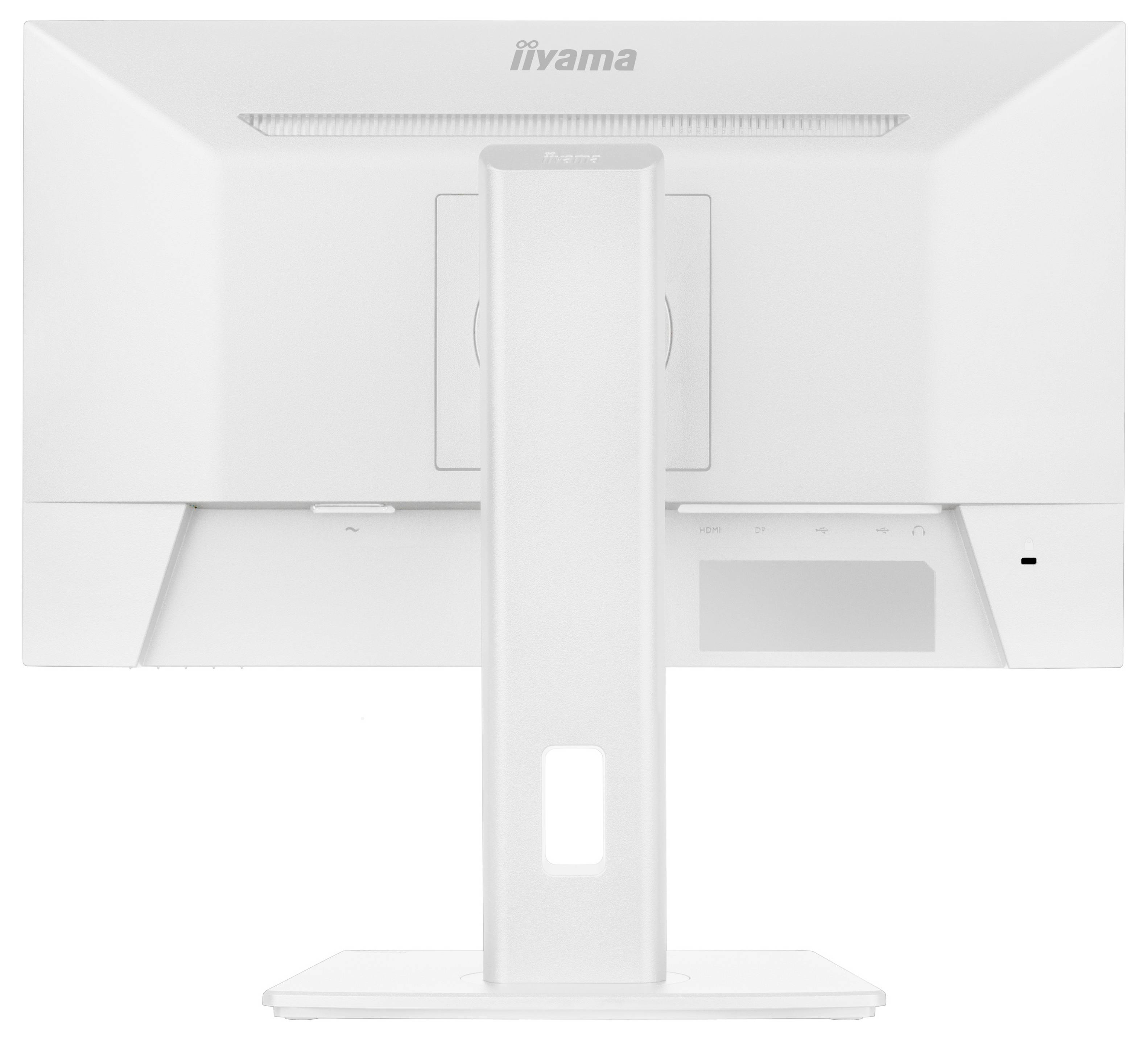 Bilden visar baksidan av en vit iiyama-datorskärm med ett vertikalt ställ och kontrollknappar på den nedre högra sidan.