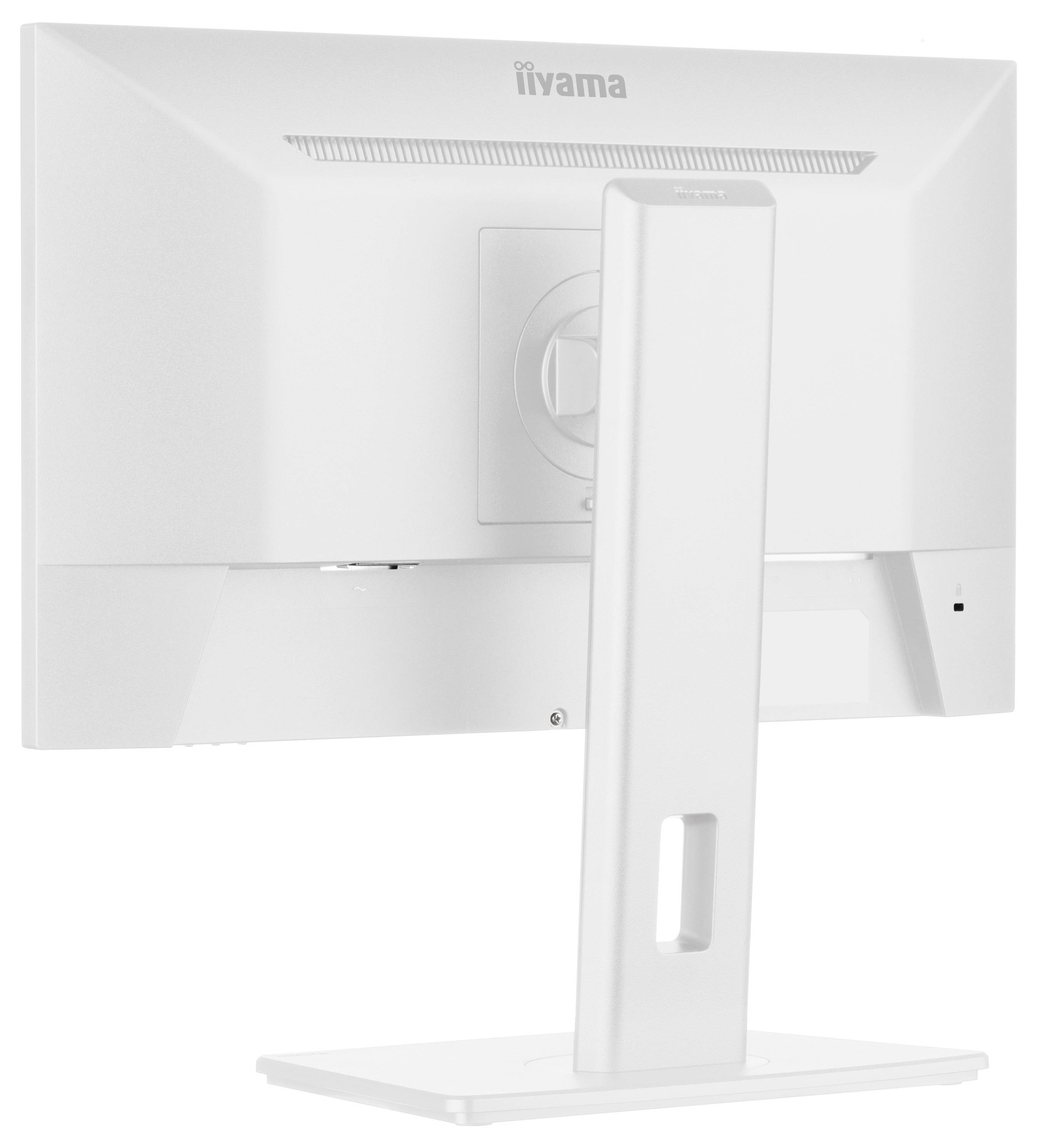 Bilden visar baksidan av en datorskärm med stativ, med ventilationsslitsar och en cirkulär fäste för justeringar.