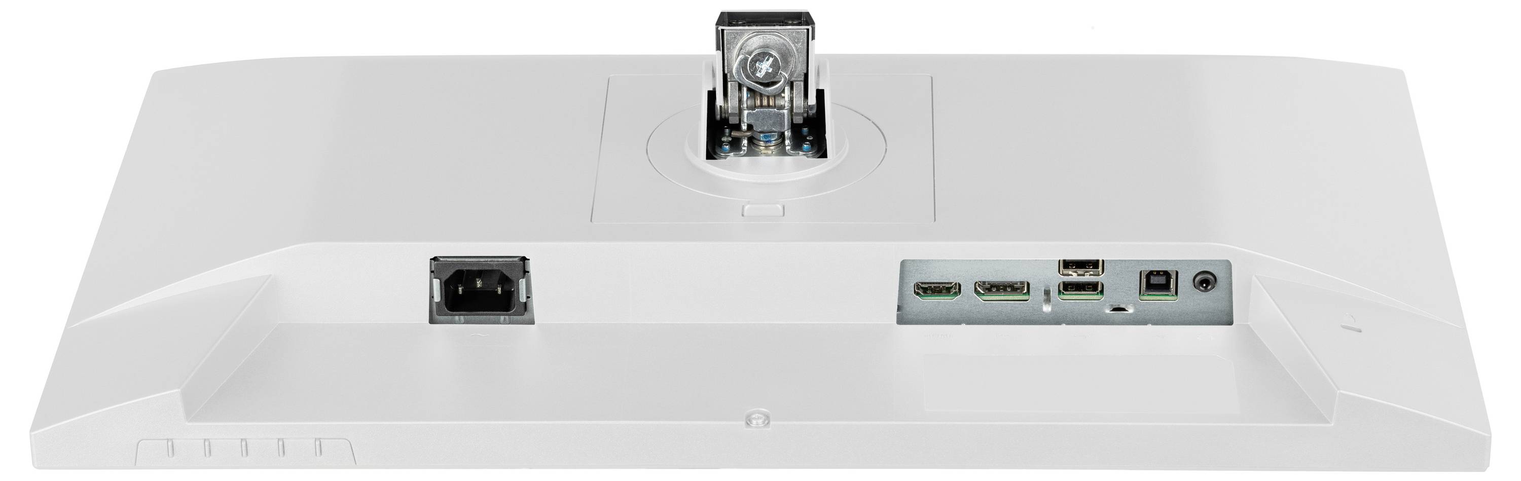 Bakvy av en skärm som visar olika portar: strömingång, HDMI, DisplayPort och ljuduttag, med en monteringsfäste ovan.