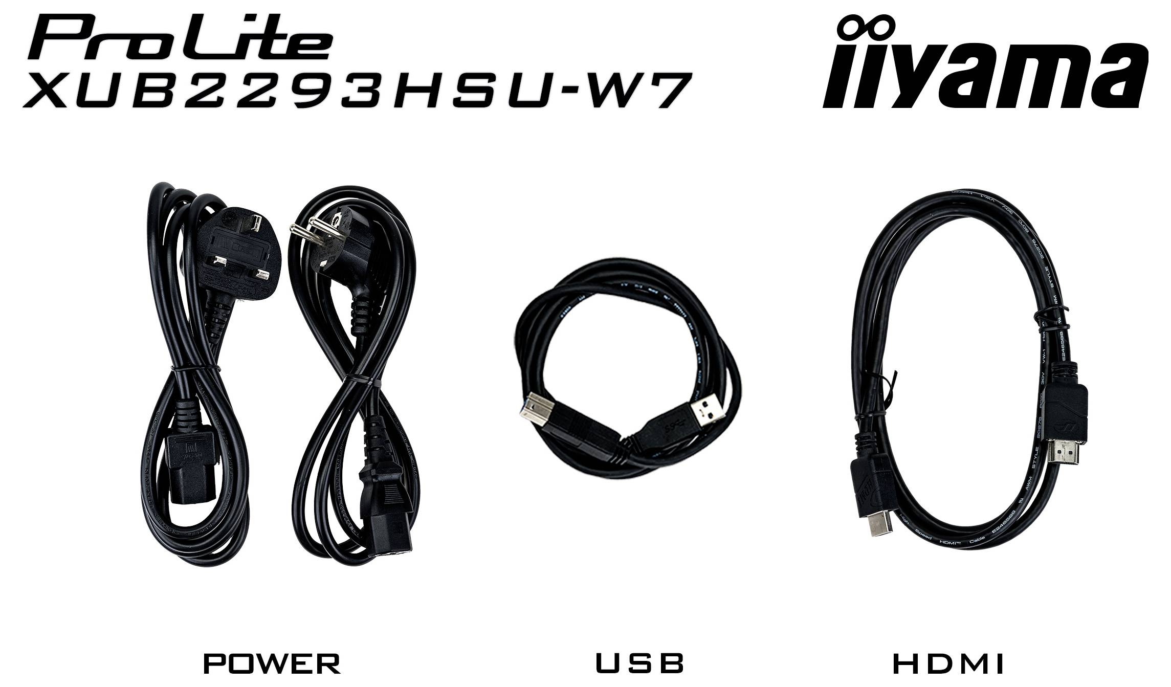'Iiyama ProLite XUB2293HSU-W7' monitorkabler: strömkabel (vänster), USB-kabel (mitten), HDMI-kabel (höger).