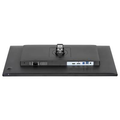 Baksidan av en skärm som visar anslutningsportar: ström, HDMI, DisplayPort, USB och ljuduttag. Väggmonteringsfäste synligt.