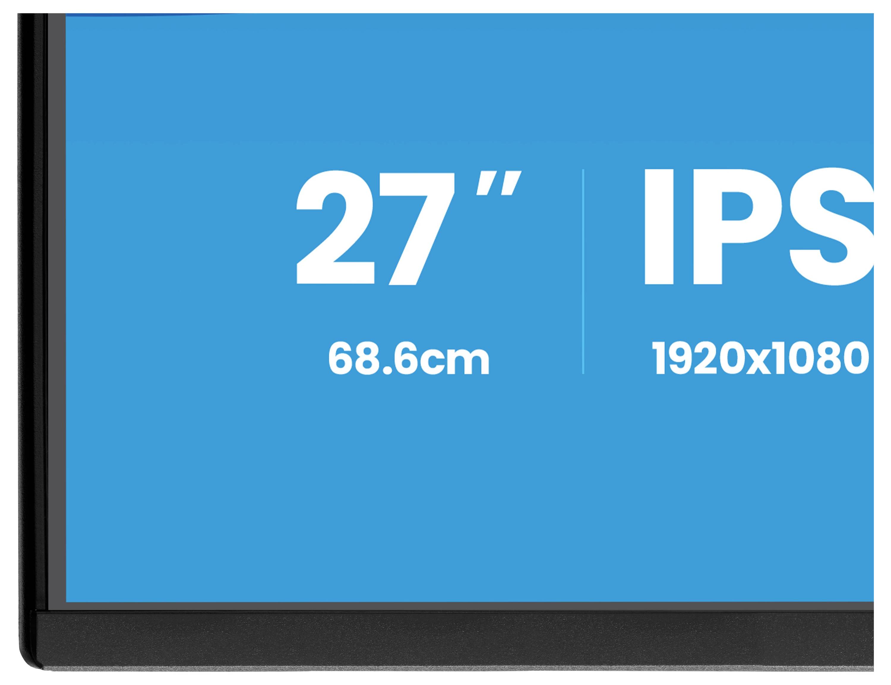 En datorskärm med en del av skärmen som visar "27" 68,6cm" och "IPS 1920x1080" på en blå bakgrund.