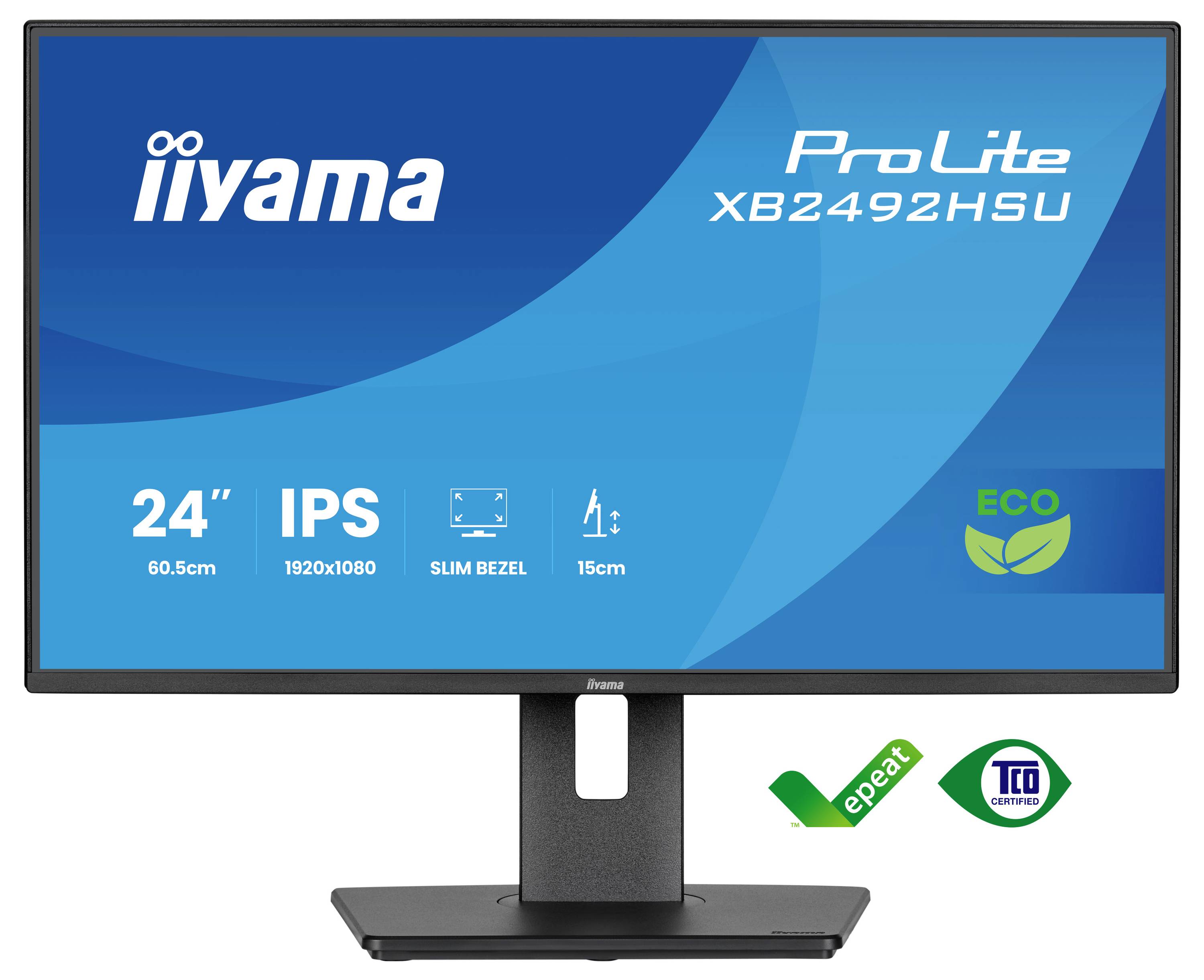 Skärm med "iiyama ProLite XB2492HSU". Funktionerna inkluderar 24" IPS-skärm, 1920x1080 upplösning, smal kant och miljövänlig design.