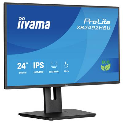 En monitor med en "24" IPS"-skärm visas, som framhäver "1920x1080"-upplösning, "Slim Bezel" och "Eco"-funktioner. Modell: ProLite XB2492HSU.