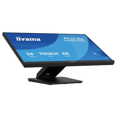 En svart datorskärm med titeln "iiyama ProLite T2454MSC" med en 24" pekskärm, visad i vinkel på en stativ.